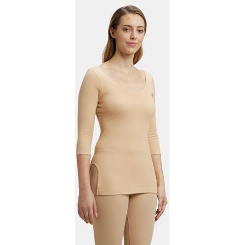 Jockey 2503 Women's Super Combed Cotton Rich Three Quarter Sleeve Thermal Tailored Fit Top with Stay Warm Technology_Skin_L, Beige