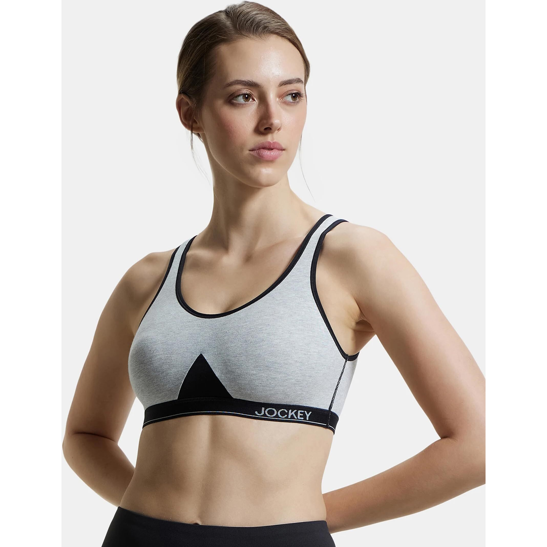 Jockey 1376 Women's Wirefree Non Padded Super Combed Cotton Elastane Stretch Full Coverage Slip-On Active Bra with Wider Straps and Moisture Move Treatment_Steel Grey Melange_XL