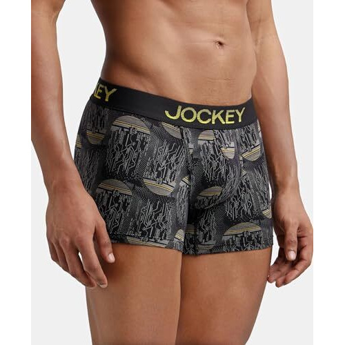 Jockey FP23 Men's Super Combed Cotton Elastane Stretch Printed Trunk with Ultrasoft Waistband_Black & Empire Yellow_M