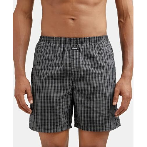 Jockey 1223 Men's Super Combed Mercerized Cotton Woven Checkered Boxer Shorts with Side Pocket (Pack of 2)_Black_L