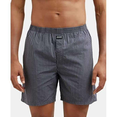 Jockey 1223 Men's Super Combed Mercerized Cotton Woven Checkered Boxer Shorts with Side Pocket (Pack of 2)_Black_L