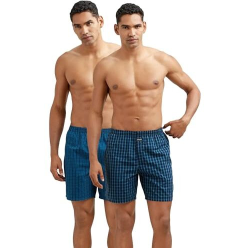 Jockey 1223 Men's Super Combed Mercerized Cotton Woven Checkered Boxer Shorts with Side Pocket (Pack of 2)_Seaport Teal & Black_XL