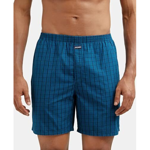 Jockey 1223 Men's Super Combed Mercerized Cotton Woven Checkered Boxer Shorts with Side Pocket (Pack of 2)_Seaport Teal & Black_XL