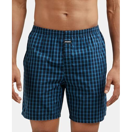 Jockey 1223 Men's Super Combed Mercerized Cotton Woven Checkered Boxer Shorts with Side Pocket (Pack of 2)_Seaport Teal & Black_XL