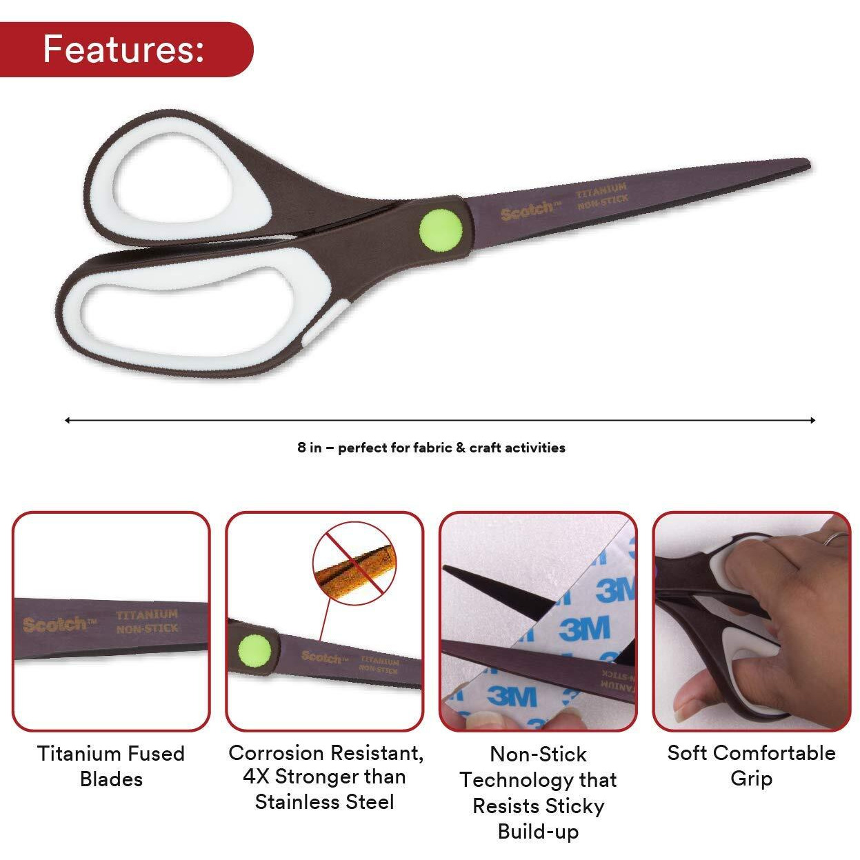 3M Scotch Titanium Scissors | 8" Multipurpose | Easy-Clean, Non-Stick Blades | Ergonomic Handles | for Fabric, Crafts, Tapes, General use
