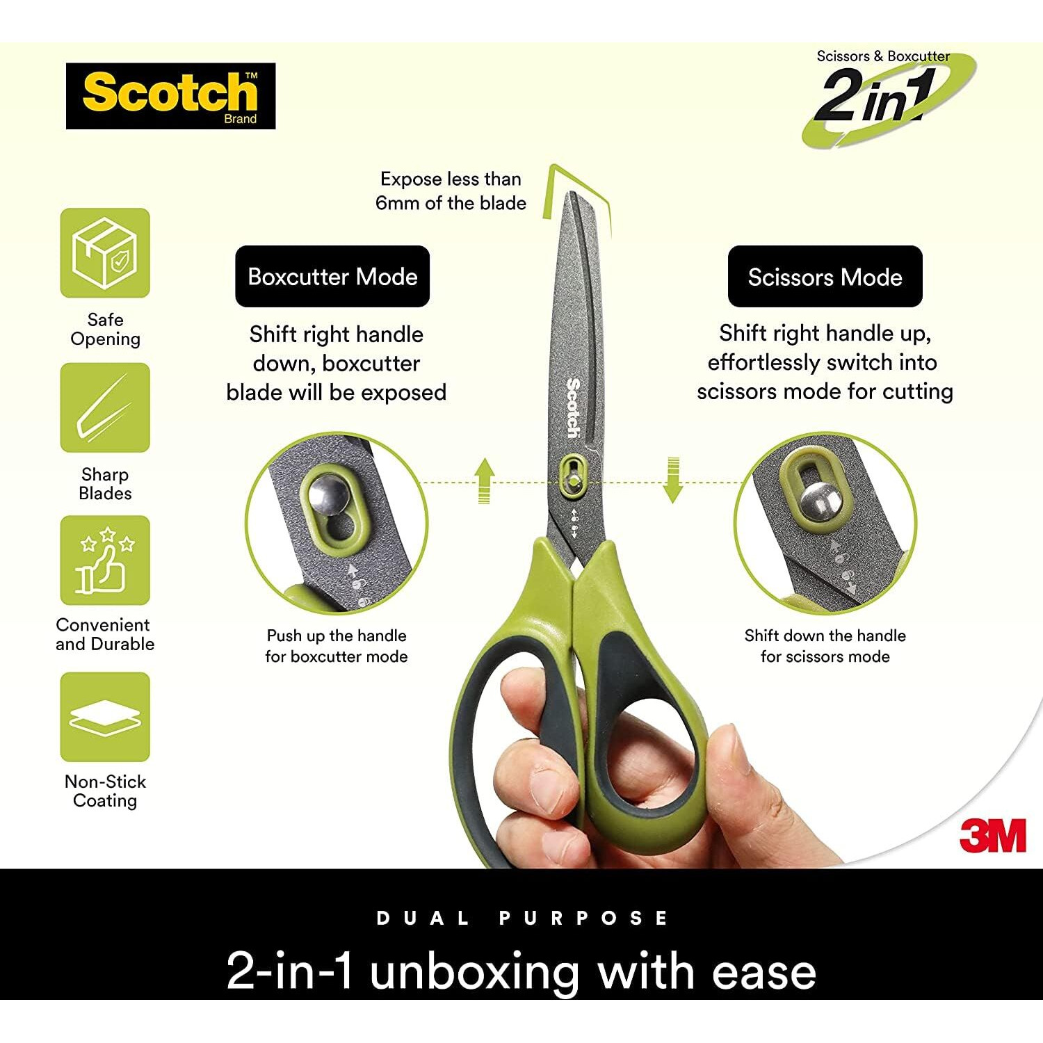 Scotch Dual-Purpose Scissor Cum Cutter | Universal Tool for Unboxing, Box Cutting, Art & Craft with Durable Design, Soft Grip, Non-Stick & Safe Blades, Multicolor
