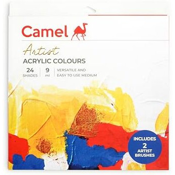 Camel Artist Acrylic Colours 24 Shades, 9ml with 2 Artist Brushes