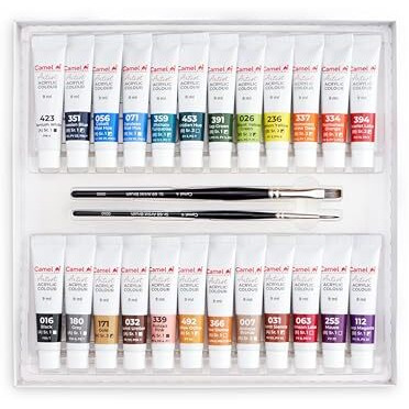 Camel Artist Acrylic Colours 24 Shades, 9ml with 2 Artist Brushes