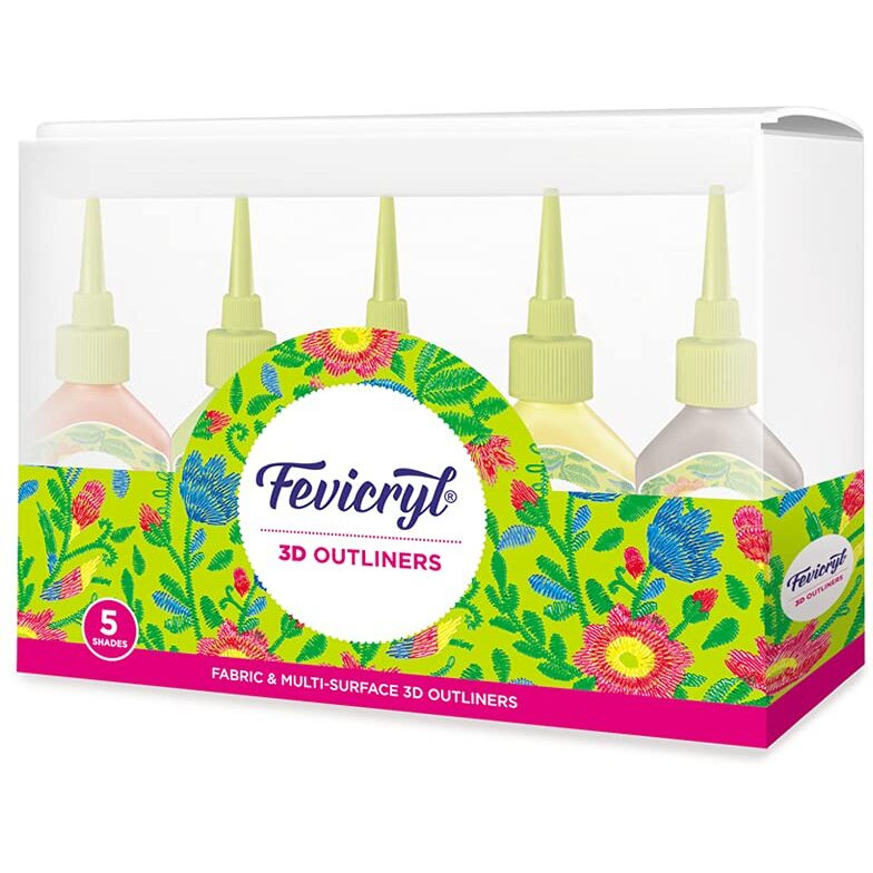 Fevicryl 3D Outliners Regular Kit 20ml x 5 | Fabric and Multi-Surface 3D Outliners Assorted Pack, Multi Colour (FFR812690100000)