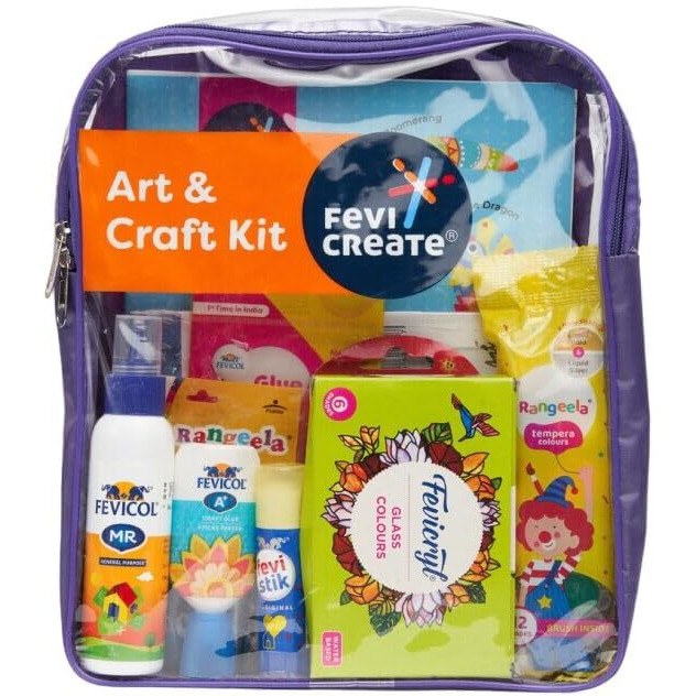Fevicreate Art & Craft Kit | with Transparent Backpack | Value Pack with Crafting Essentials for Children | School Kit | Colours, Canvas, Activity Book, Glues | Gift for Boys & Girls Ages 5+
