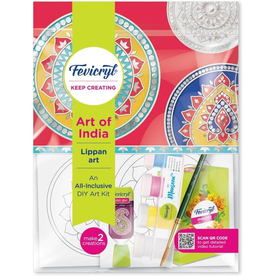 Fevicryl Art of India Lippan kit, Acrylic Paints 6 Shades, 1 Round Brush, Pre-Designed Canvas, Mouldit, Ideal for Festive Gifting, Artists, Students