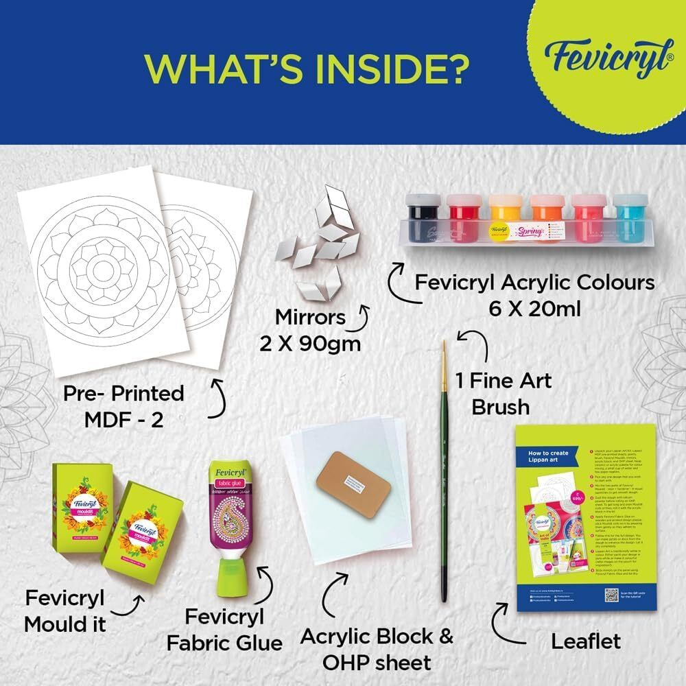 Fevicryl Art of India Lippan kit, Acrylic Paints 6 Shades, 1 Round Brush, Pre-Designed Canvas, Mouldit, Ideal for Festive Gifting, Artists, Students