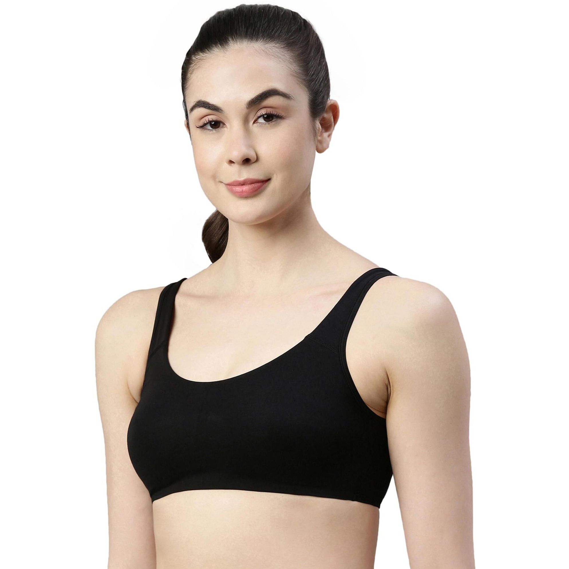 Enamor SB06 Low Impact Slip on Everyday Sports Bra for Women - Non-Padded, Non-Wired & High Coverage | Available in Solids & Prints Black