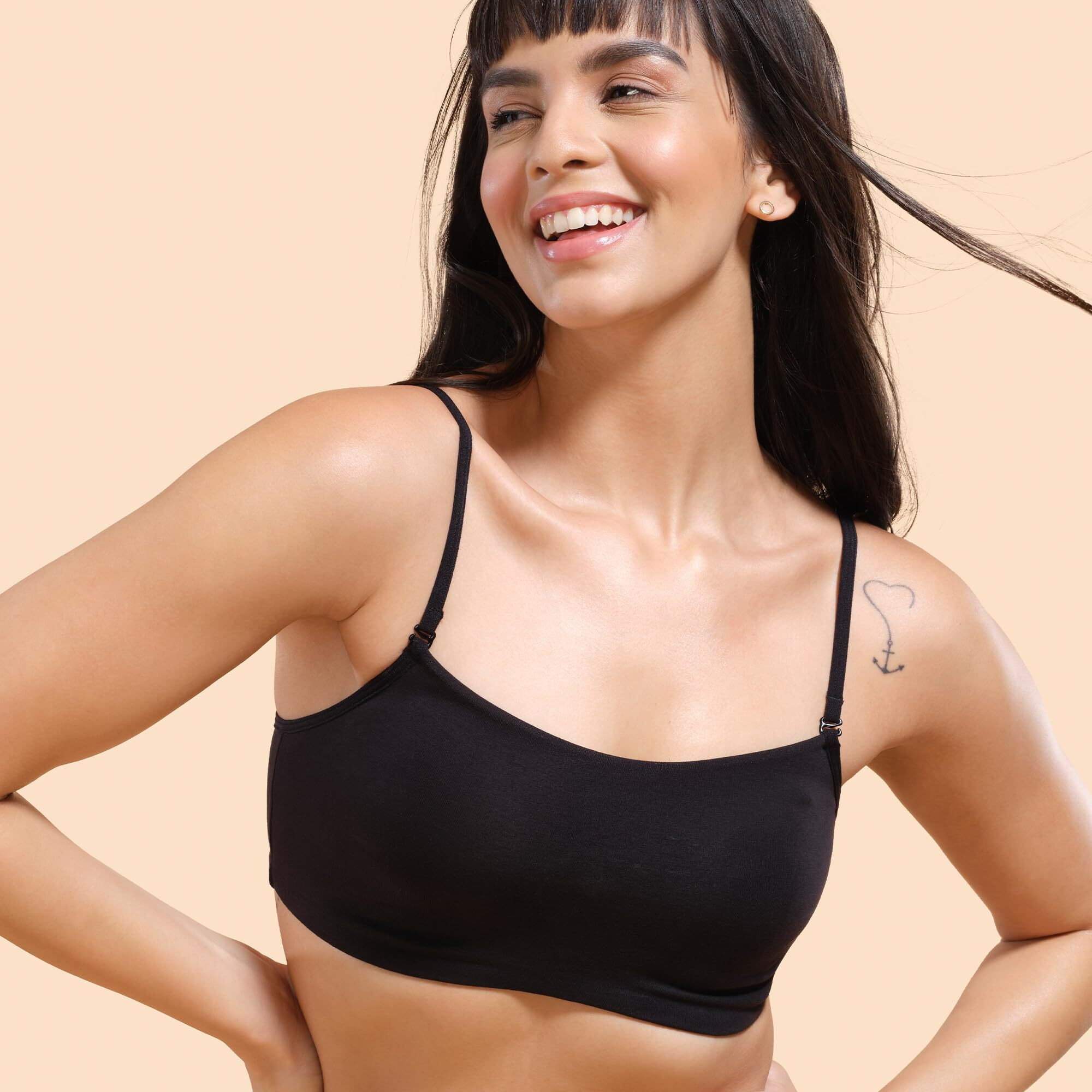 Enamor A022 Basic Cotton Stretch Cami with Detachable Straps Bra - Non-Padded Wirefree High Coverage - Black