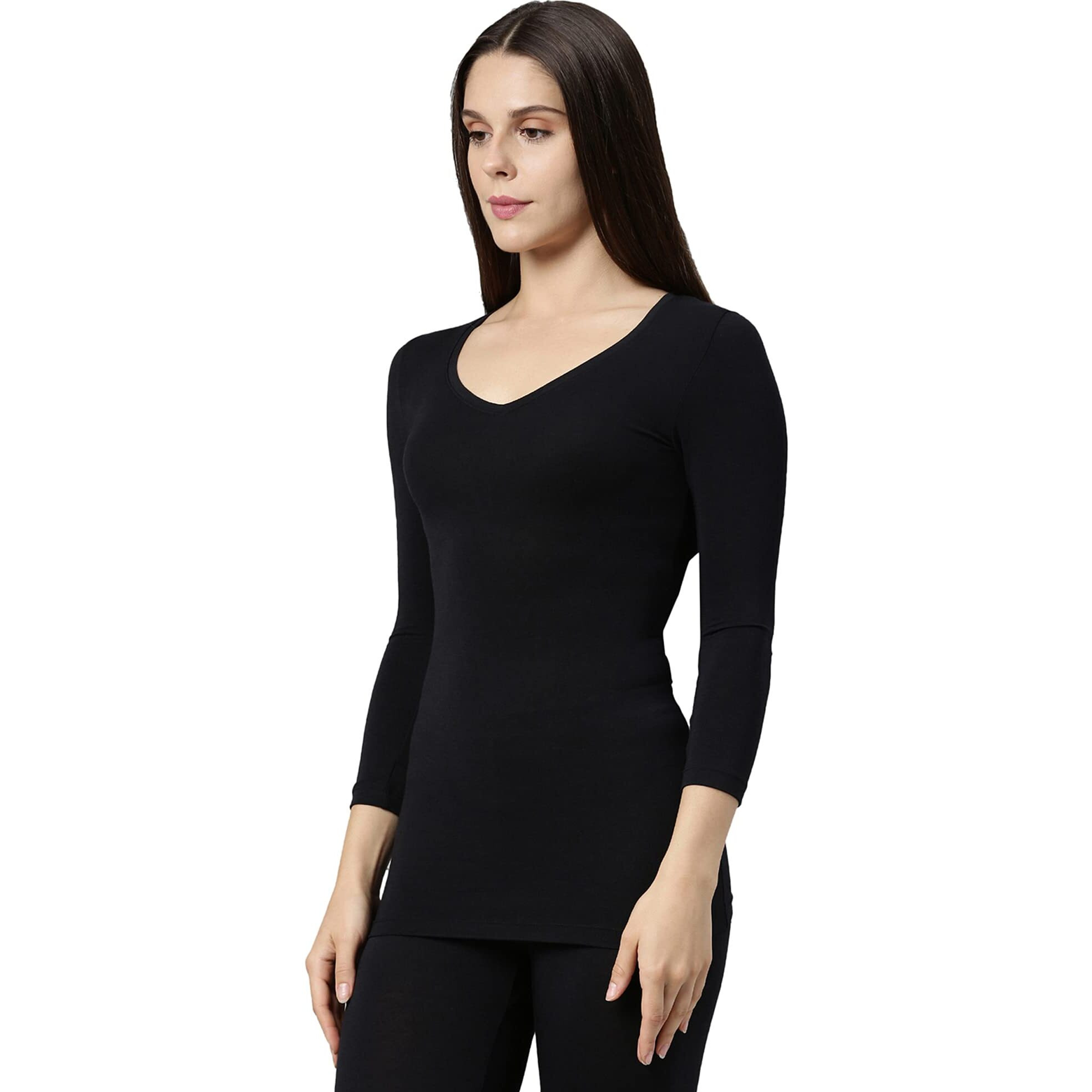 Enamor Women's V-Neck 3/4Th Sleeve Thermal Top with Sweat Wicking and Antimicrobial Finish Slim (TH02_Black_XL)