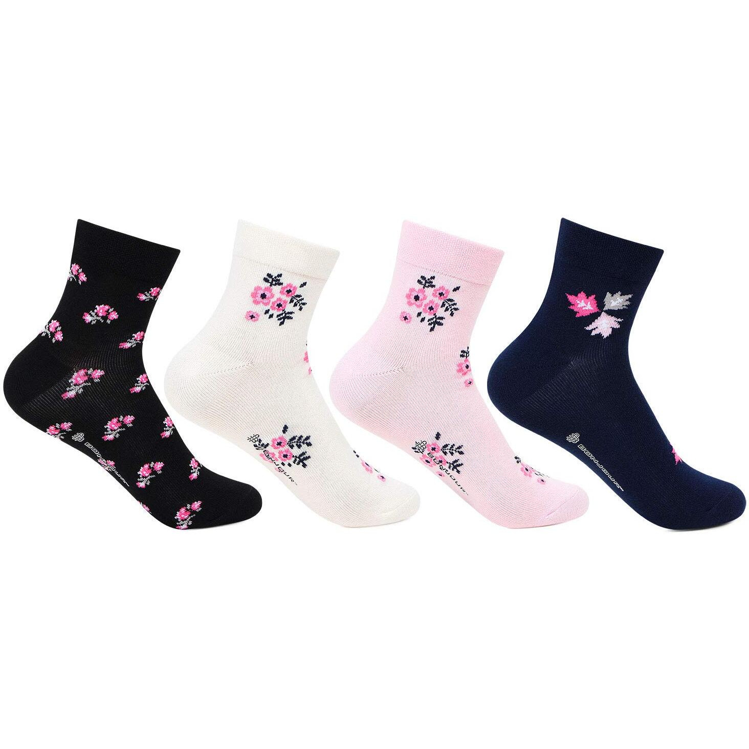 Bonjour Women's Ankle Length Cotton Socks (Pack Of 4) (BRO8418-PO4_Multicolour)