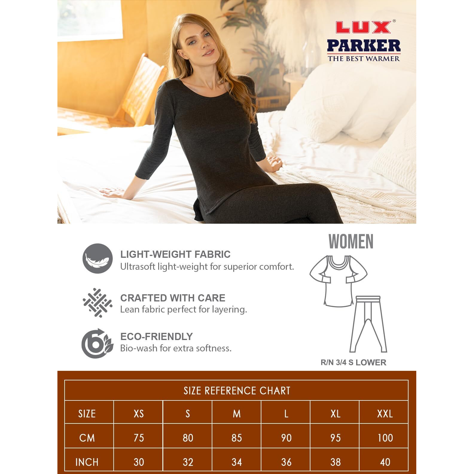 LUX PARKER Women's Round Neck 3/4 Long Slips Premium Thermal Set (Size  85cm) Black