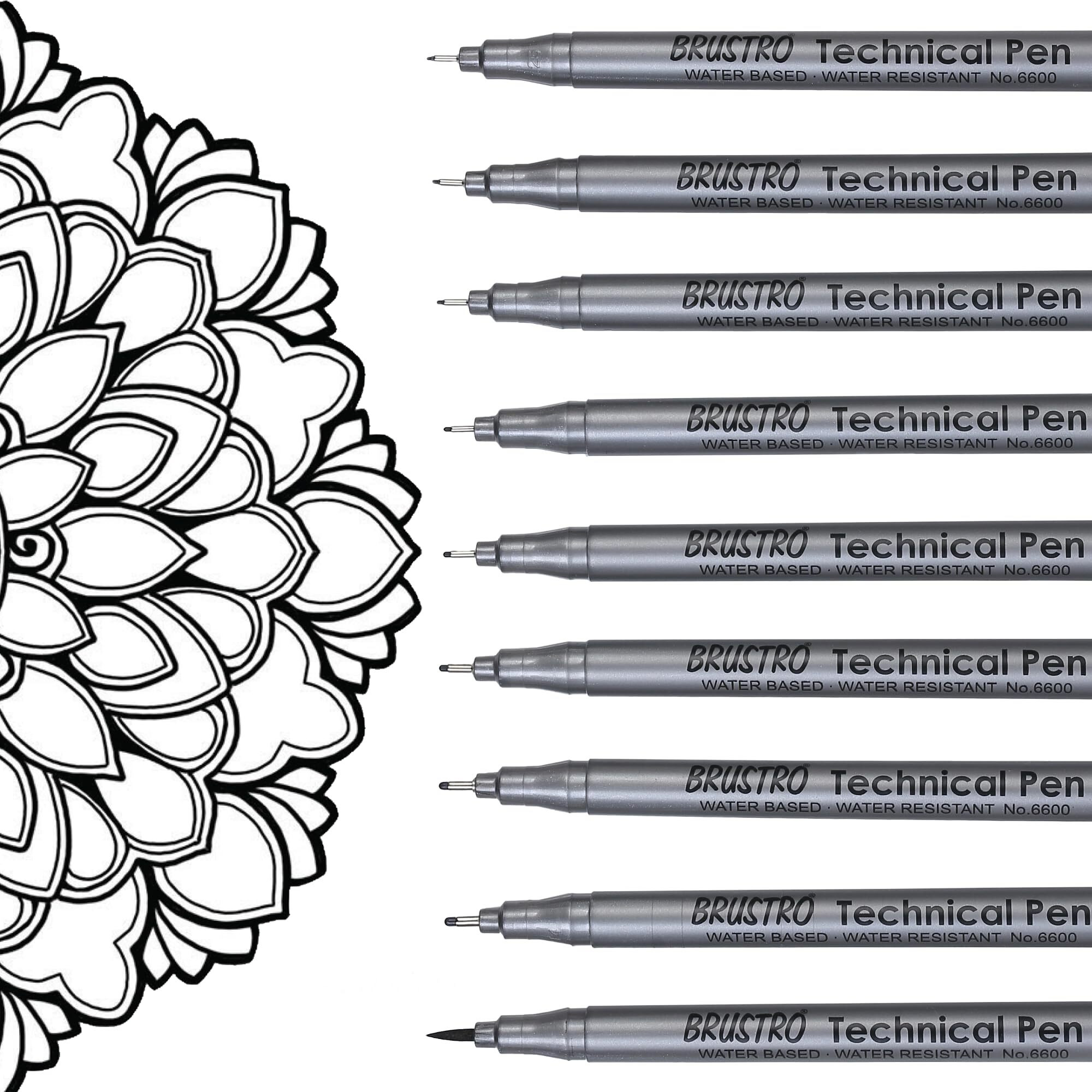 BRUSTRO Technical Fineliner & Brush Pen Set of 9 |Black| Tip Sizes - 0.05,0.1,0.2,0.3,0.4,0.5,0.6,0.8 mm| Waterproof, Ideal For Mandala, Drawing,Artist Illustration,Sketching