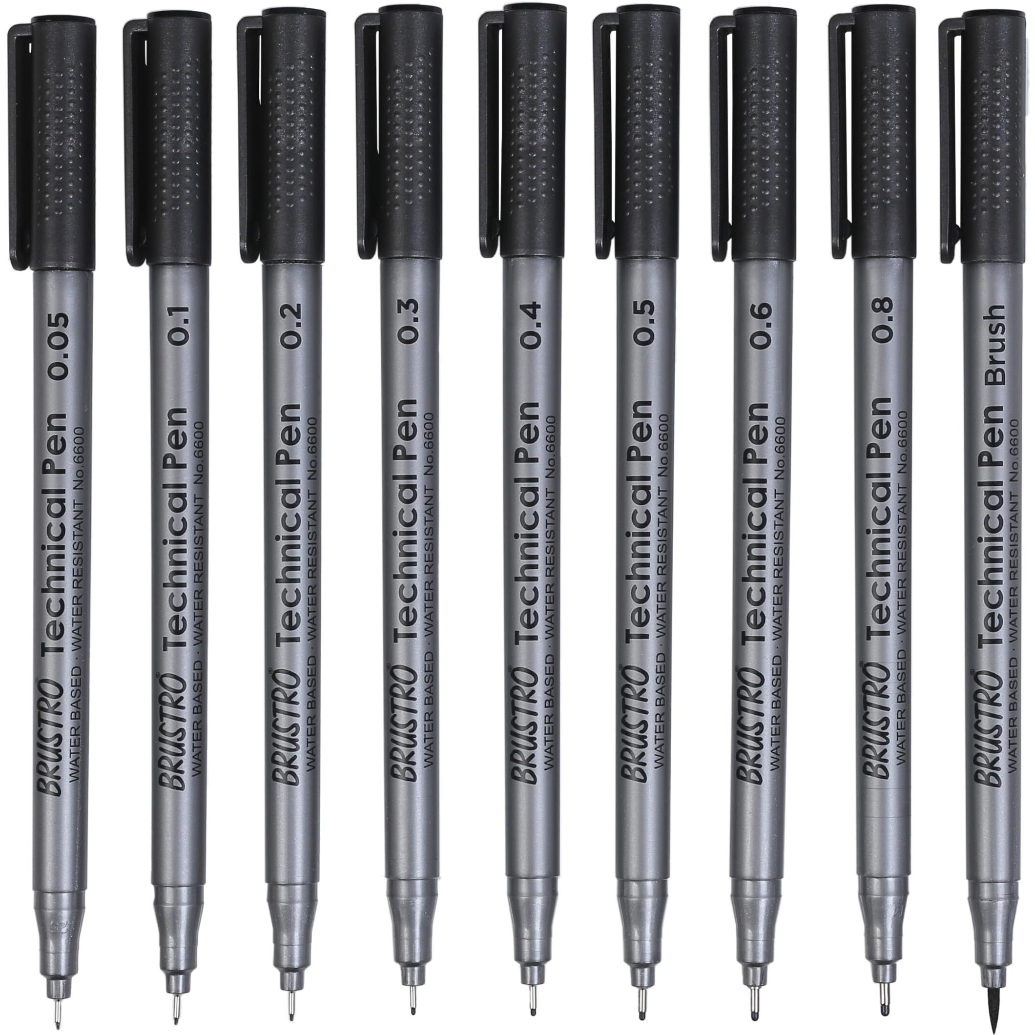 BRUSTRO Technical Fineliner & Brush Pen Set of 9 |Black| Tip Sizes - 0.05,0.1,0.2,0.3,0.4,0.5,0.6,0.8 mm| Waterproof, Ideal For Mandala, Drawing,Artist Illustration,Sketching