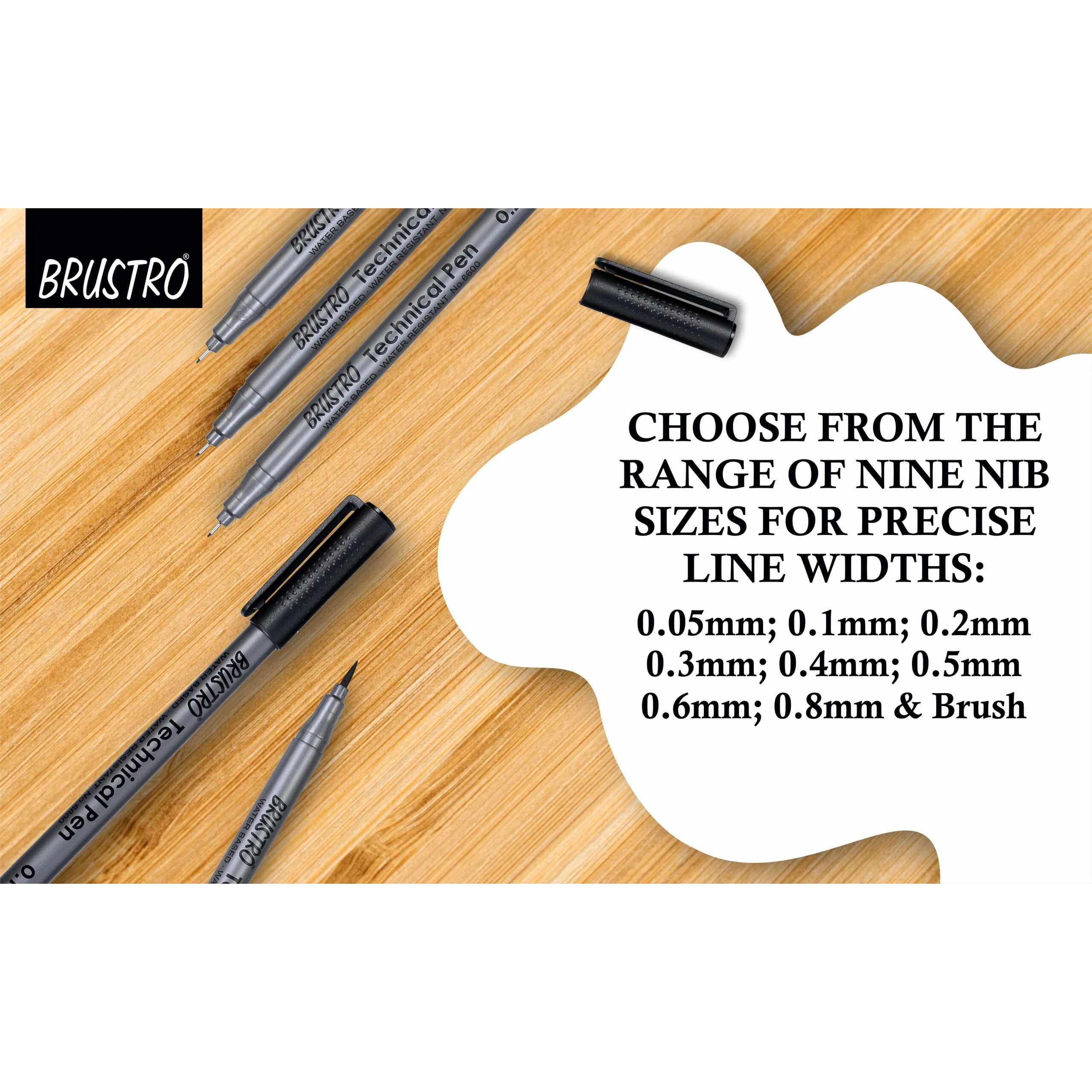 BRUSTRO Technical Fineliner & Brush Pen Set of 9 |Black| Tip Sizes - 0.05,0.1,0.2,0.3,0.4,0.5,0.6,0.8 mm| Waterproof, Ideal For Mandala, Drawing,Artist Illustration,Sketching