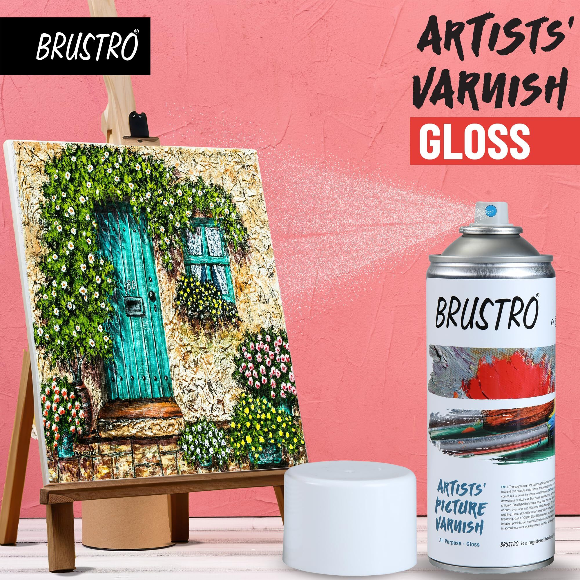 Brustro Artist's Picture Varnish Spray Can | Gloss Finish |400ml|Perfect Coating on Acrylic Painting,Watercolours,Oil Paints,Non-Yellowing,Non Toxic,Transparent,Canvas,Paper, Artwork Protection.