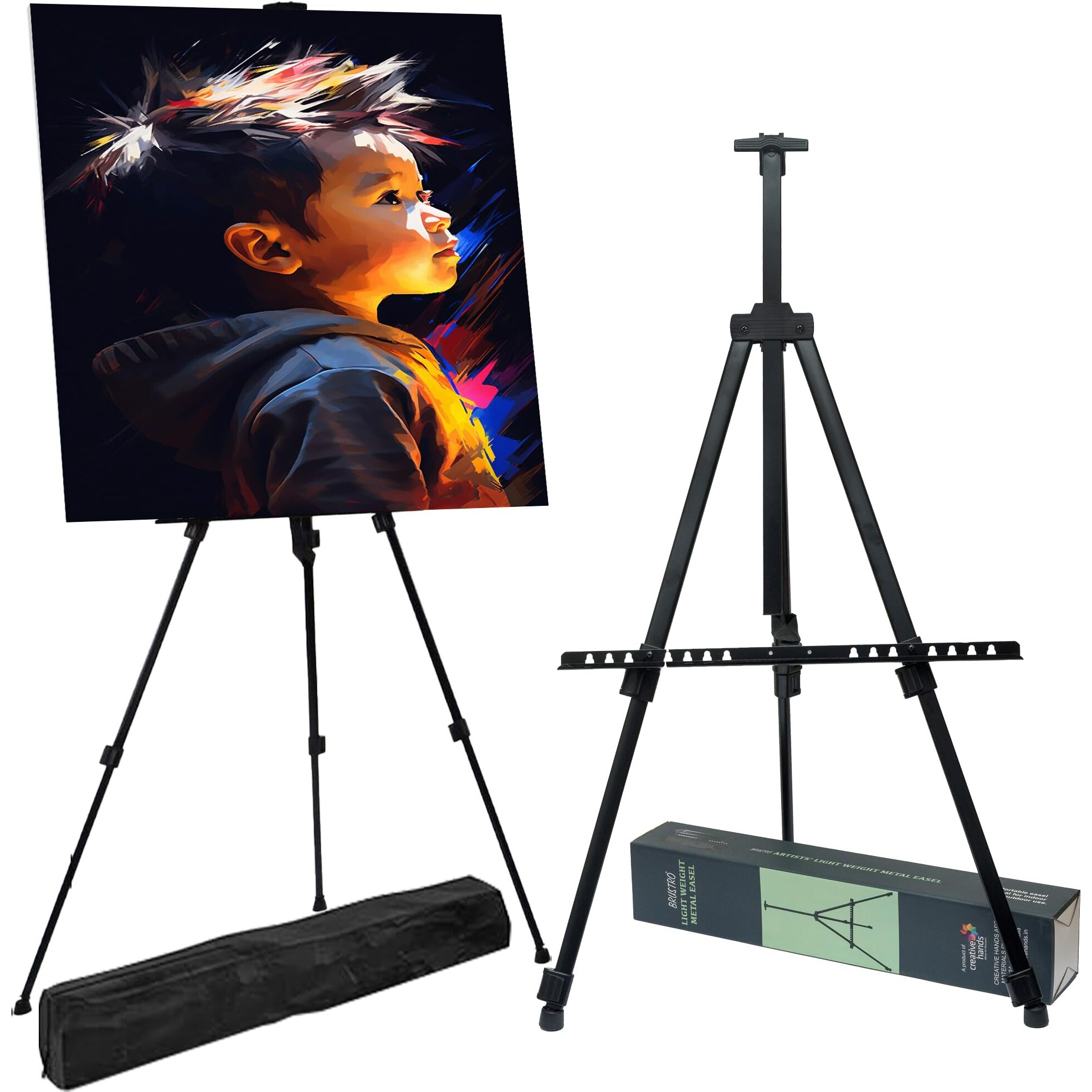 BRUSTRO Artists Lightweight Metal Easel | Holds Canvas from 6" to 32" | Portable, Multifunctional, Foldable, Ideal for Painting Display, Field & Tabletop with Weatherproof Carry Bag
