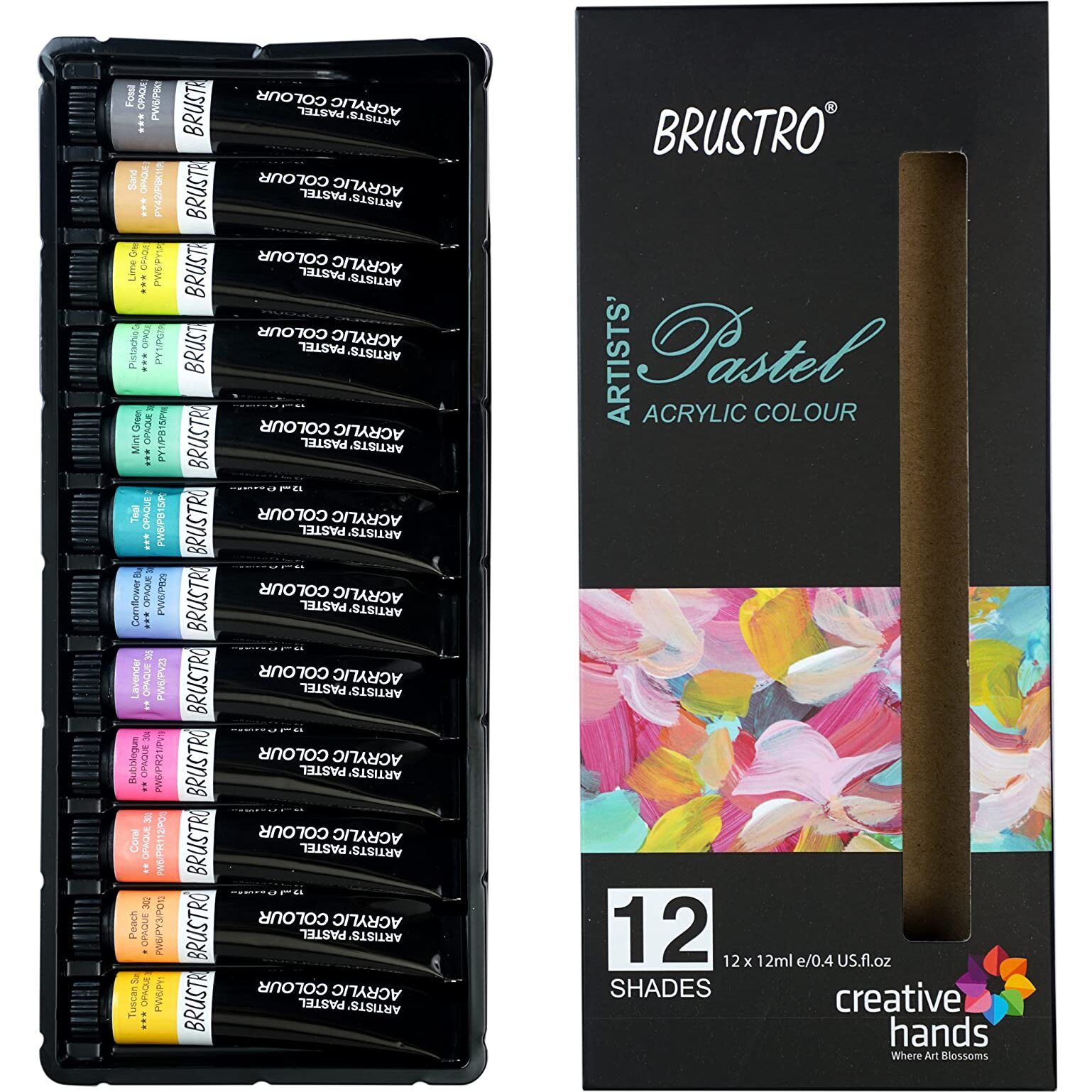 BRUSTRO Artist's Acrylic Pastel Colour | Set of 12 Colors X 12ml Tubes | Ideal for Paper, Canvas, Shading, Portrait, Coloring, Inter-mixable, Perfect for Artists and Crafters