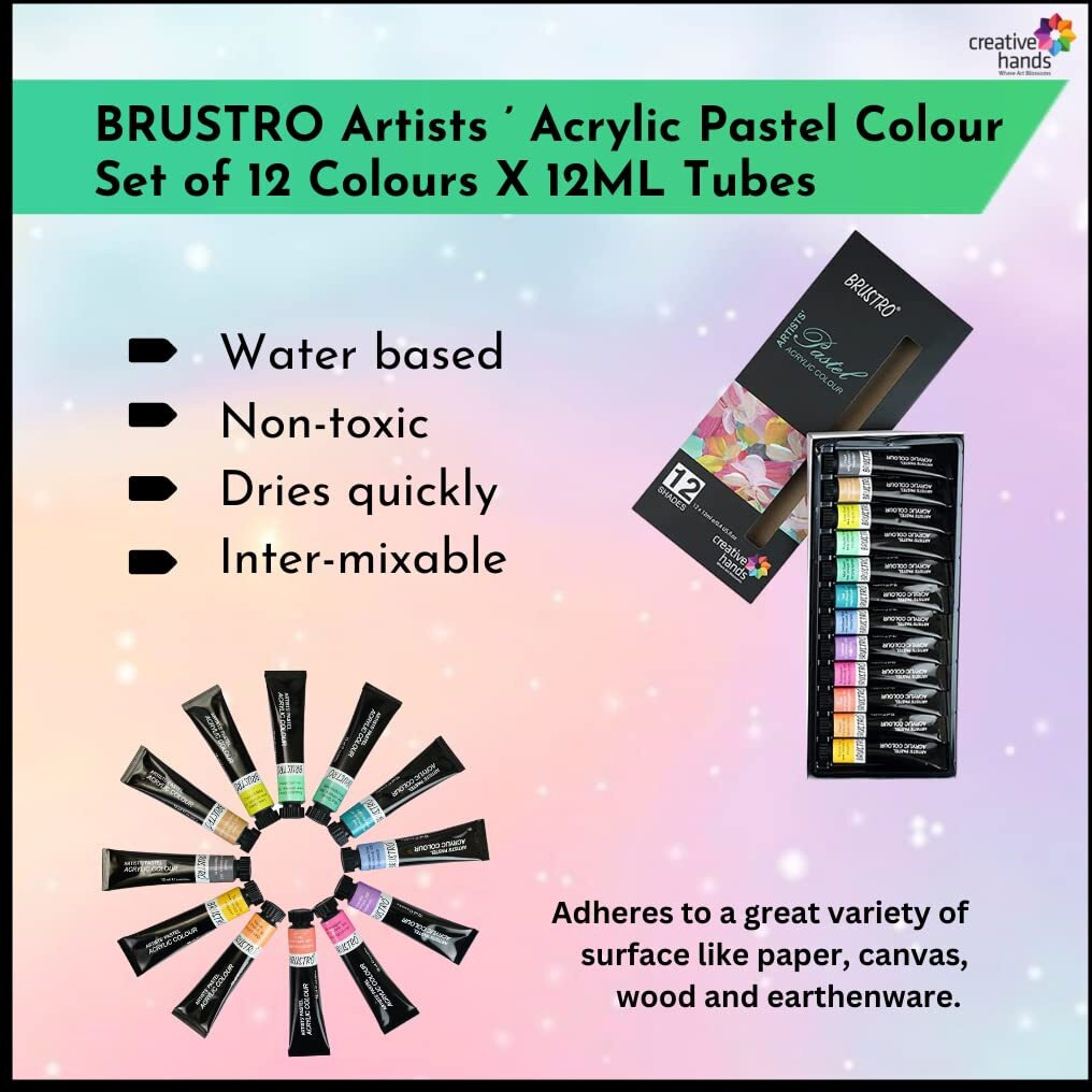 BRUSTRO Artist's Acrylic Pastel Colour | Set of 12 Colors X 12ml Tubes | Ideal for Paper, Canvas, Shading, Portrait, Coloring, Inter-mixable, Perfect for Artists and Crafters