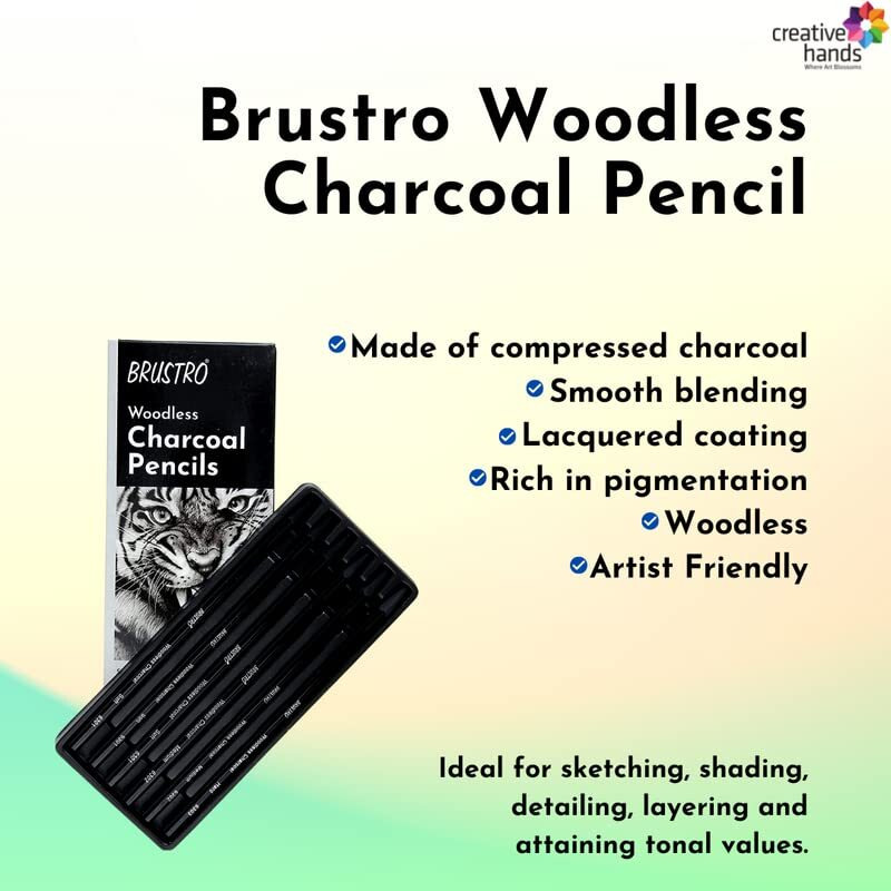 BRUSTRO Woodless Charcoal Pencils | Set of 6 (3 Soft, 2 Medium, 1 Hard) |Ideal for Drawing, Shading, Coloring, Sketching, Artwork |Portrait,Landscape,Smooth Blending,Professional Artists, Students Use