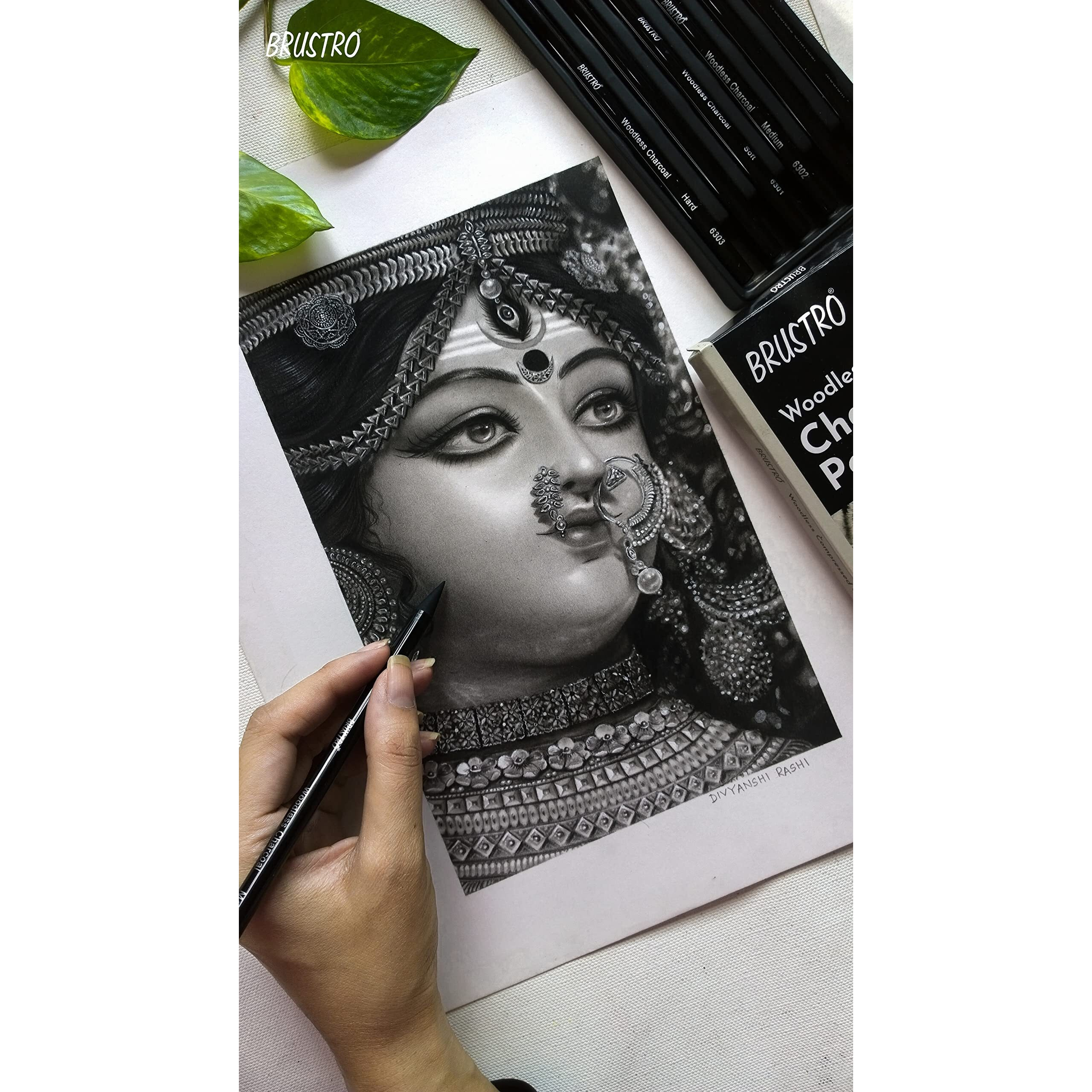 BRUSTRO Woodless Charcoal Pencils | Set of 6 (3 Soft, 2 Medium, 1 Hard) |Ideal for Drawing, Shading, Coloring, Sketching, Artwork |Portrait,Landscape,Smooth Blending,Professional Artists, Students Use