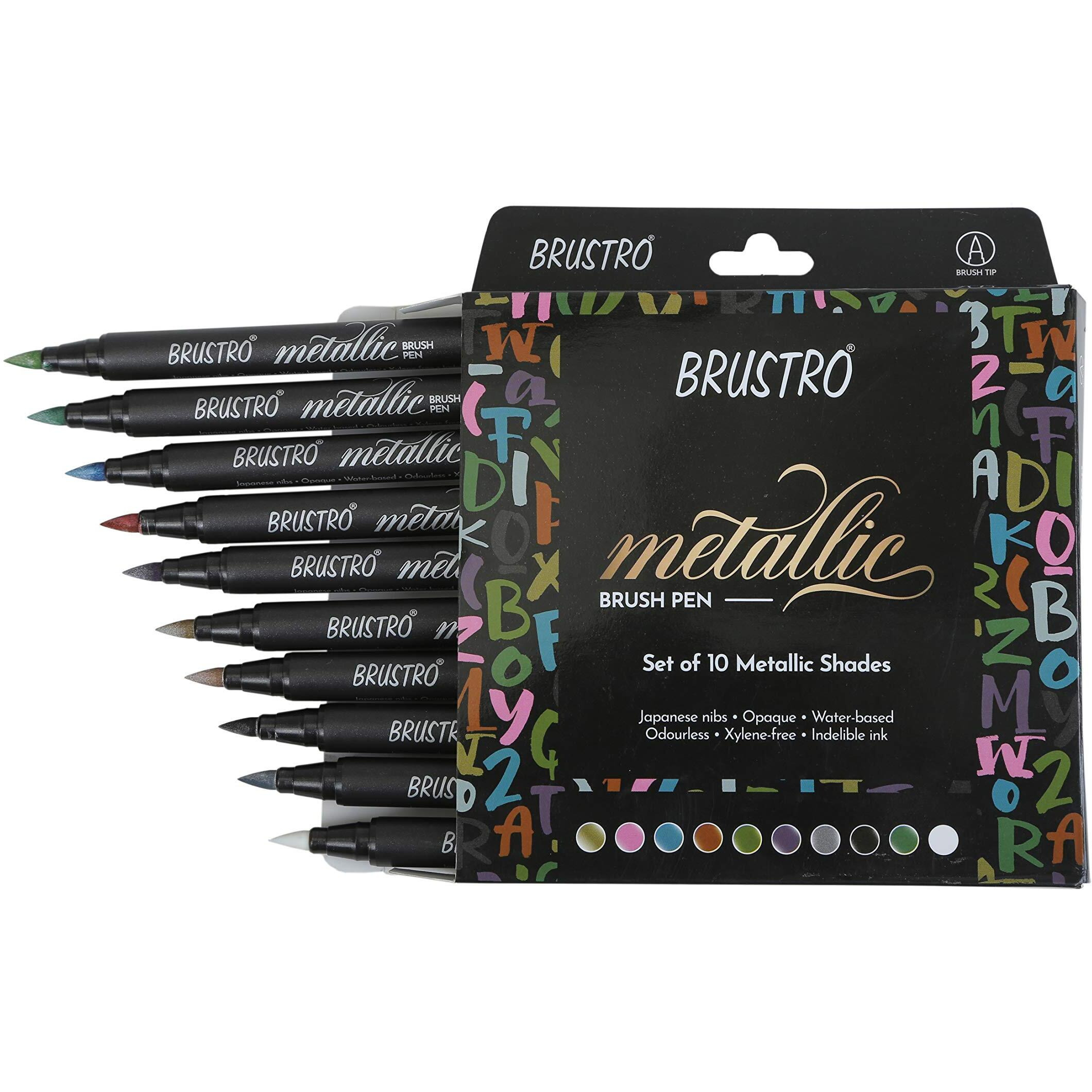 BRUSTRO Metallic Brush Marker Pens | Set of 10 Metallic Shades | Japanese Nibs, Soft Brush Tip, Indelible Ink, Suitable for Calligraphy, Hand Lettering, Colouring, Scrapbooking, Card Making Craft