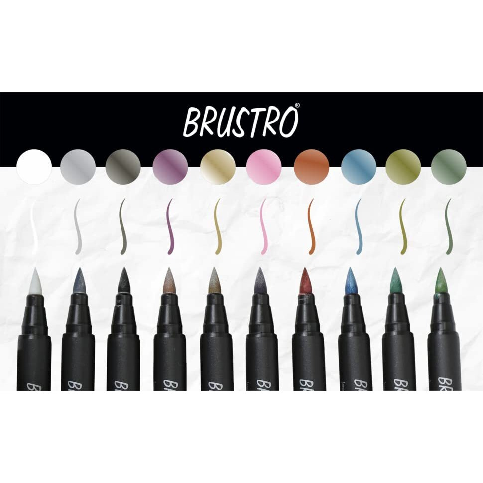 BRUSTRO Metallic Brush Marker Pens | Set of 10 Metallic Shades | Japanese Nibs, Soft Brush Tip, Indelible Ink, Suitable for Calligraphy, Hand Lettering, Colouring, Scrapbooking, Card Making Craft