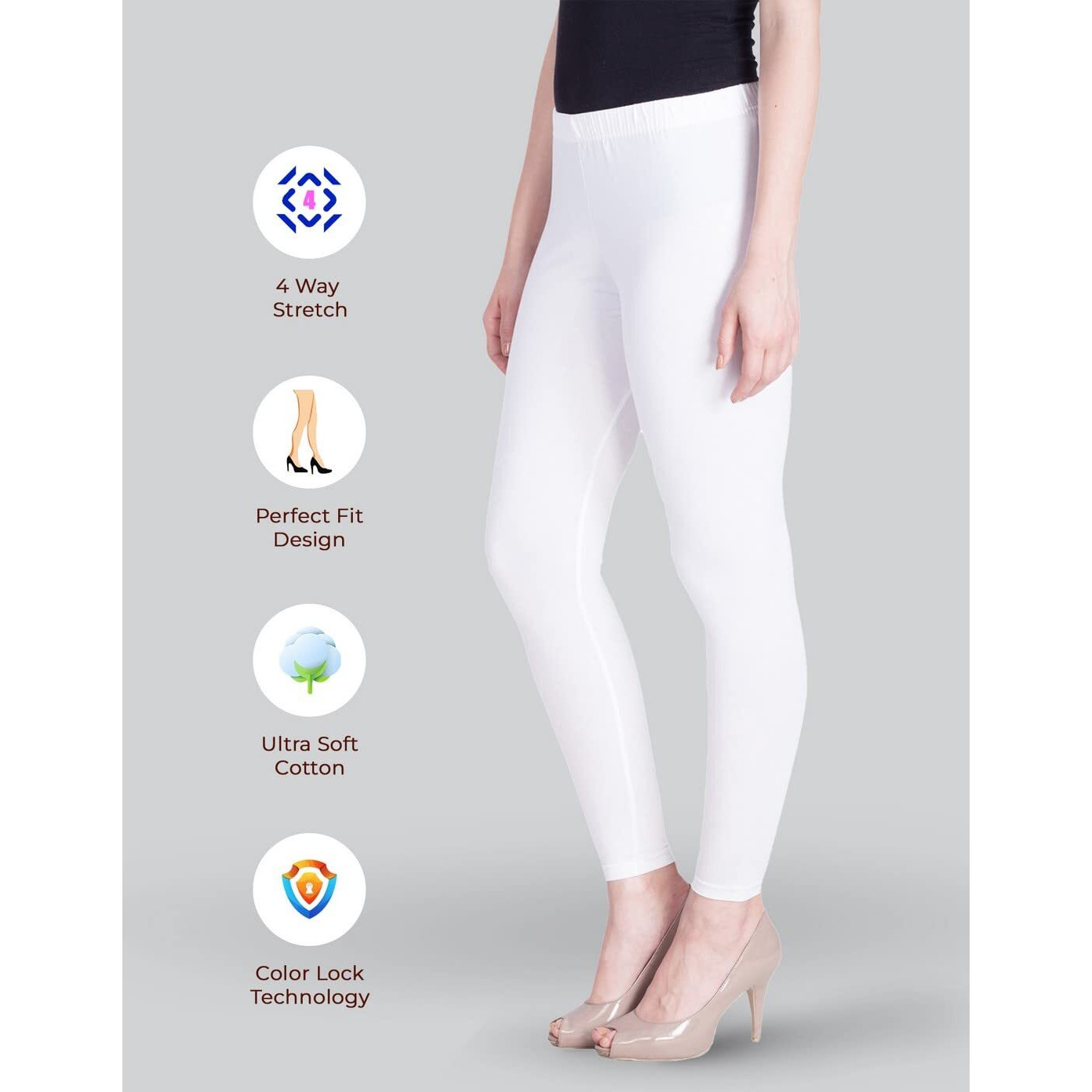 Lyra Women Solid Premium Cotton Ankle Length Leggings | Mid-Waist | Fashionwear White