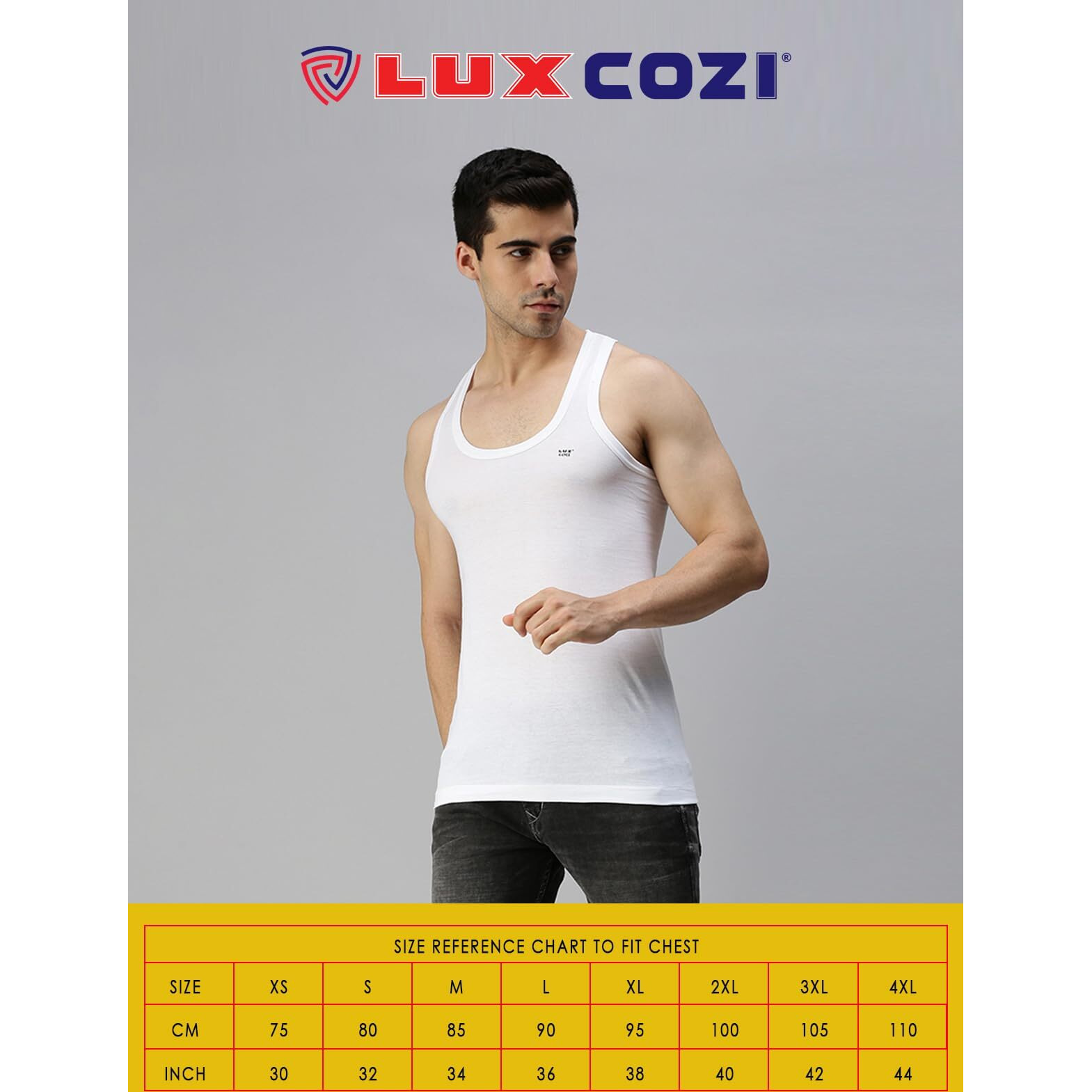 Lux Cozi Men's Pack of 5 White Round Neck Sleeveless Cotton Vest (Size  85cm)
