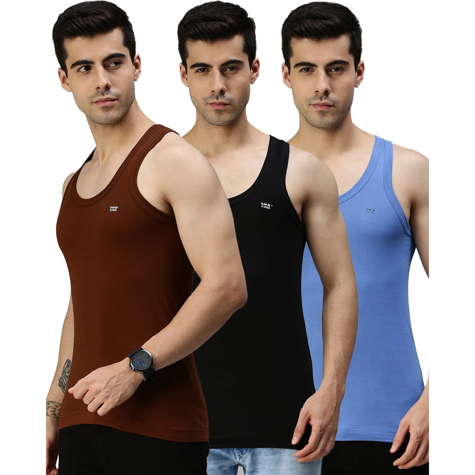 Lux Cozi Men's Pack of 3 Multicolor Round Neck Sleeveless 100% Cotton Vest with Extended Length for Easy Tuck (Size  90cm)