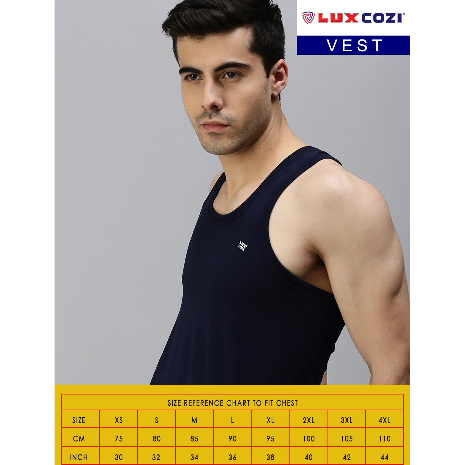 Lux Cozi Men's Pack of 3 Multicolor Round Neck Sleeveless 100% Cotton Vest with Extended Length for Easy Tuck (Size  90cm)