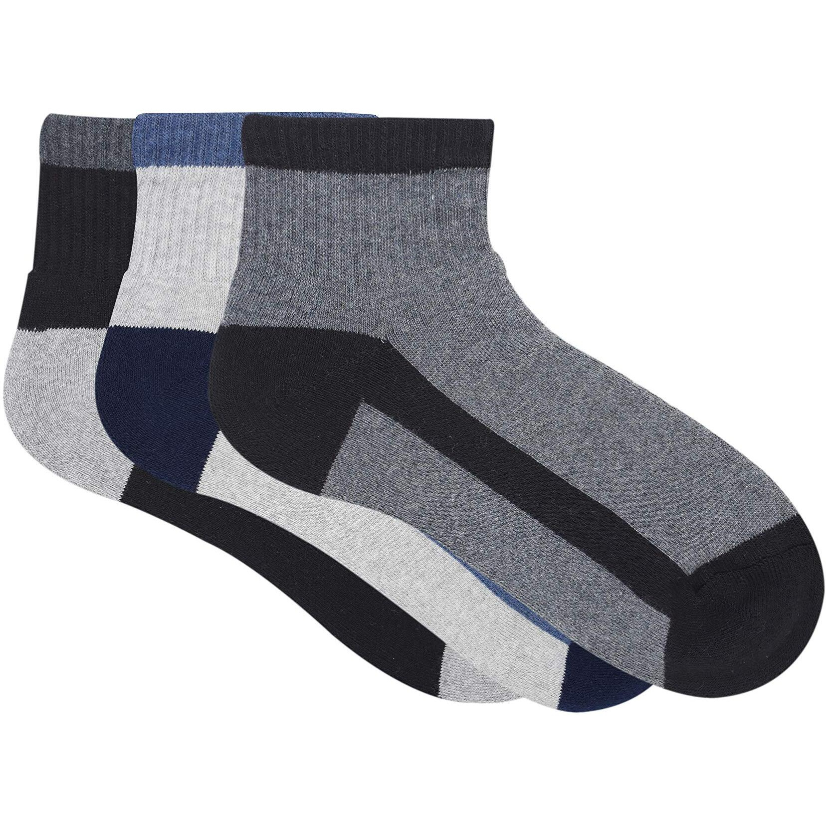 BALENZIA Men's Cushioned High Ankle Sports/Gym Socks (Free Size) Made with 100% Cotton & Spandex. Pack of 3 (Multicolour) | Terry/Towel Ankle Socks for Men.