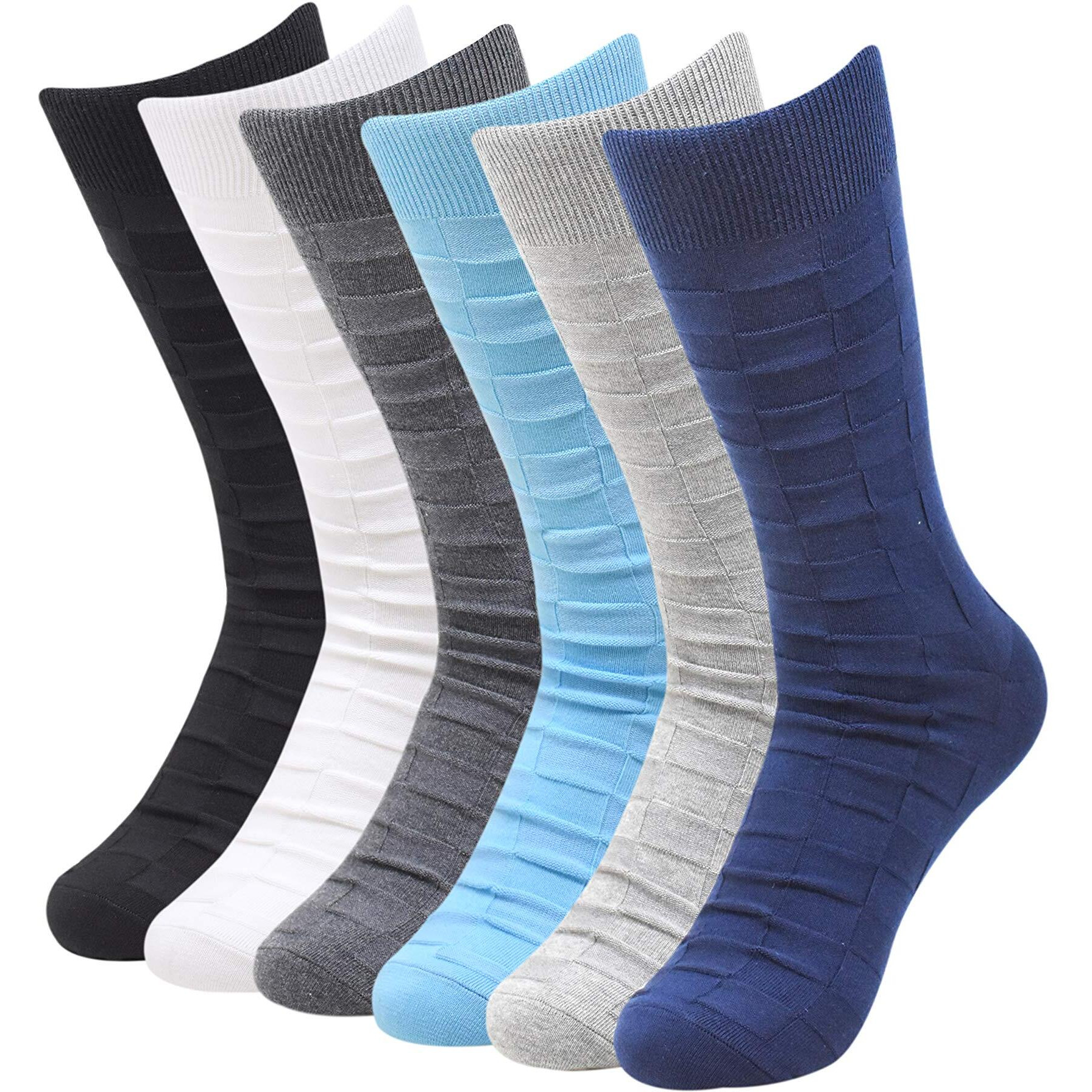 BALENZIA Men's Patterned Self Design Crew Length/Calf Length Formal Socks (Free Size) Made with Cotton and Spandex - Combo Pack of 6 (Dark Grey, Light Grey, Black, White, Navy, Blue)