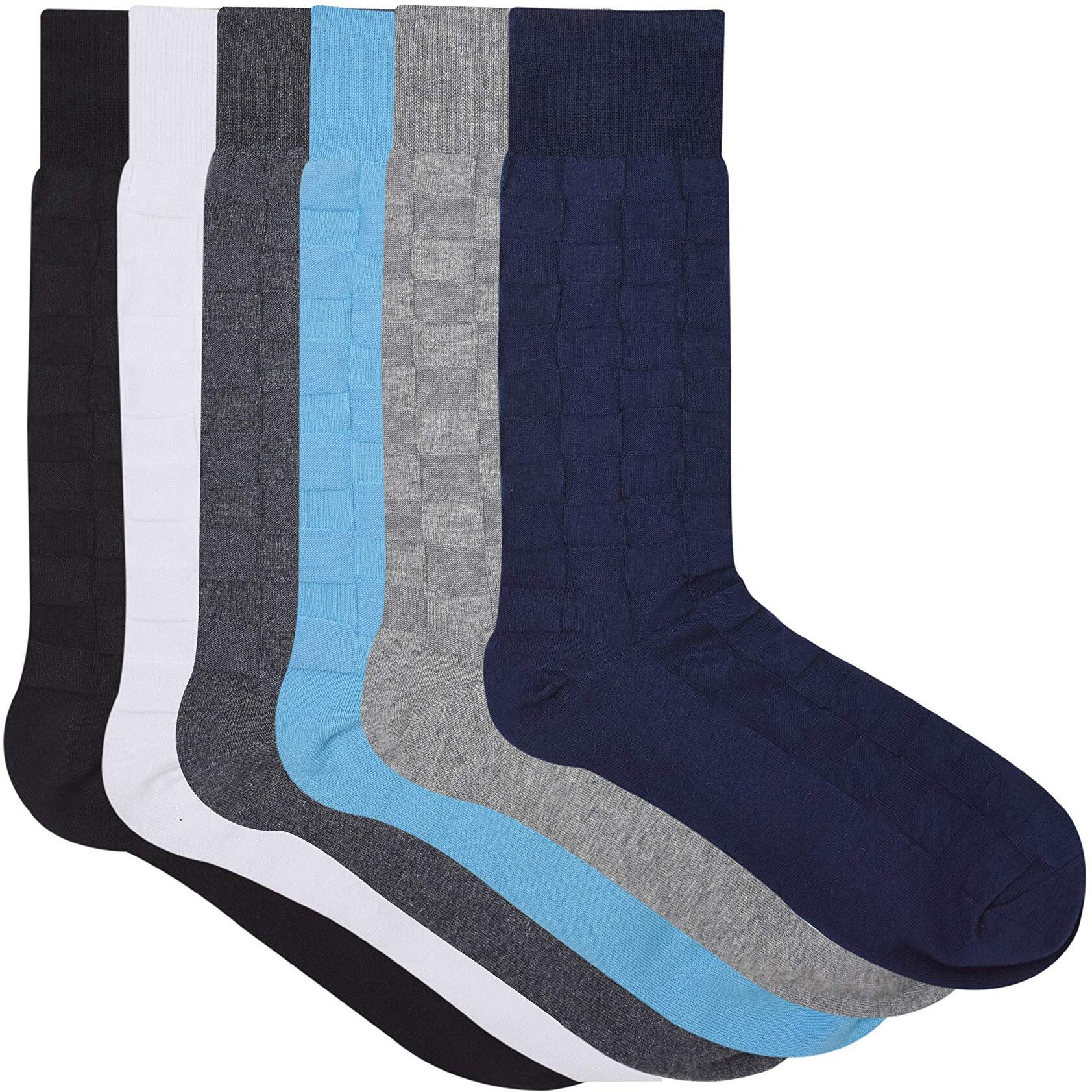 BALENZIA Men's Patterned Self Design Crew Length/Calf Length Formal Socks (Free Size) Made with Cotton and Spandex - Combo Pack of 6 (Dark Grey, Light Grey, Black, White, Navy, Blue)