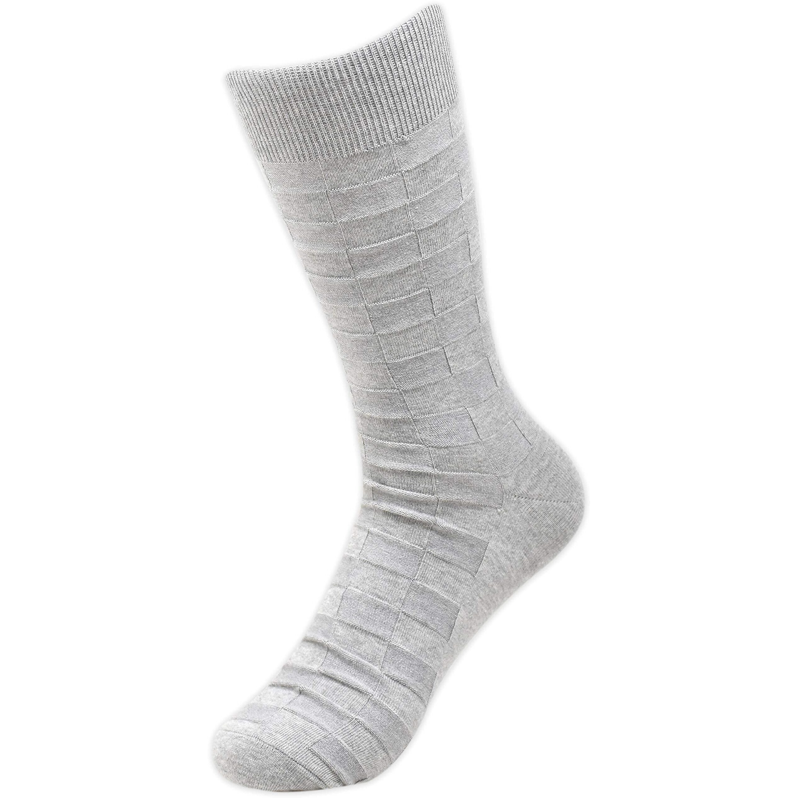 BALENZIA Men's Patterned Self Design Crew Length/Calf Length Formal Socks (Free Size) Made with Cotton and Spandex - Combo Pack of 6 (Dark Grey, Light Grey, Black, White, Navy, Blue)