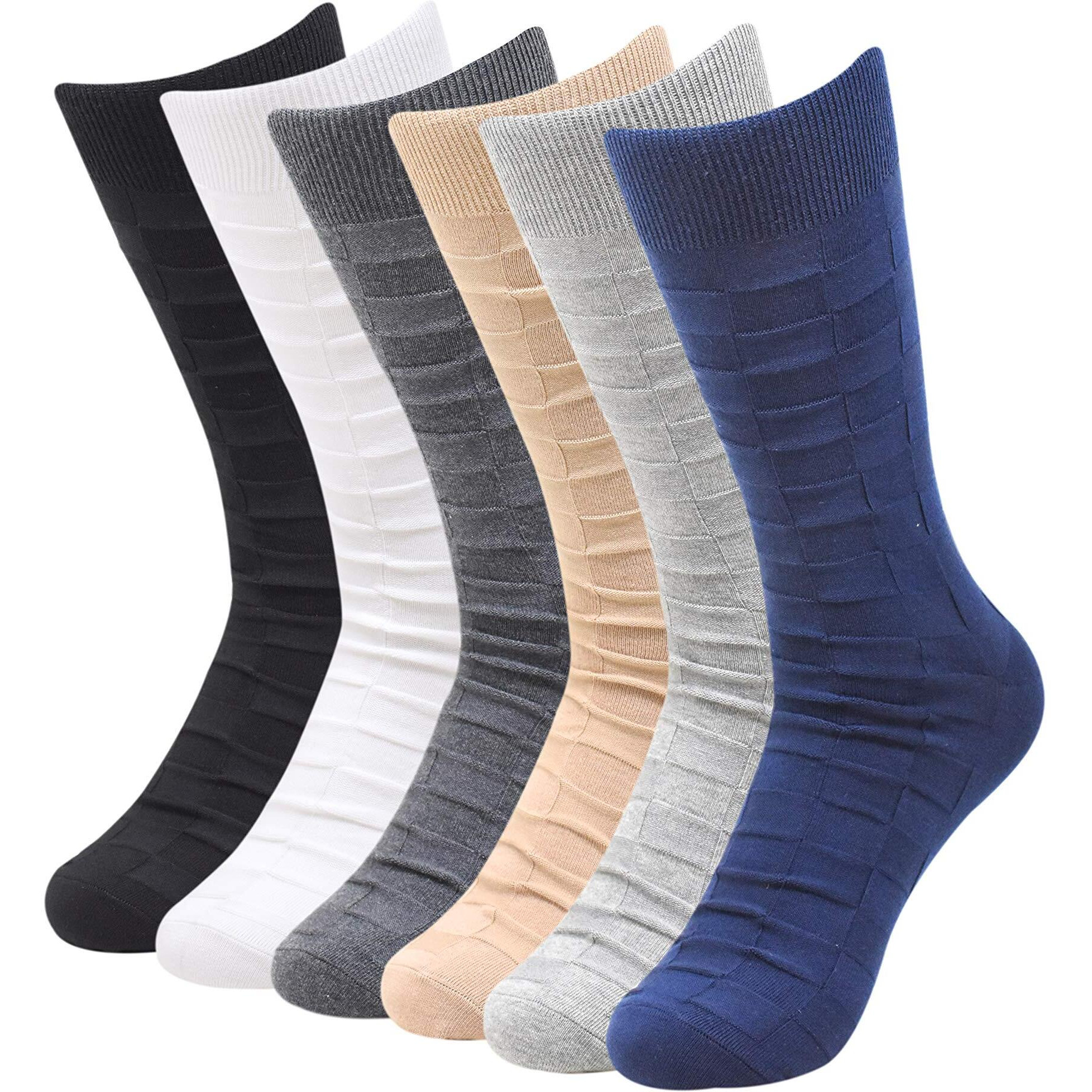 BALENZIA Men's Patterned Self Design Crew/Calf Length Formal Socks (Free Size) Made with Cotton and Spandex - Combo Pack of 6 (Multicolor)