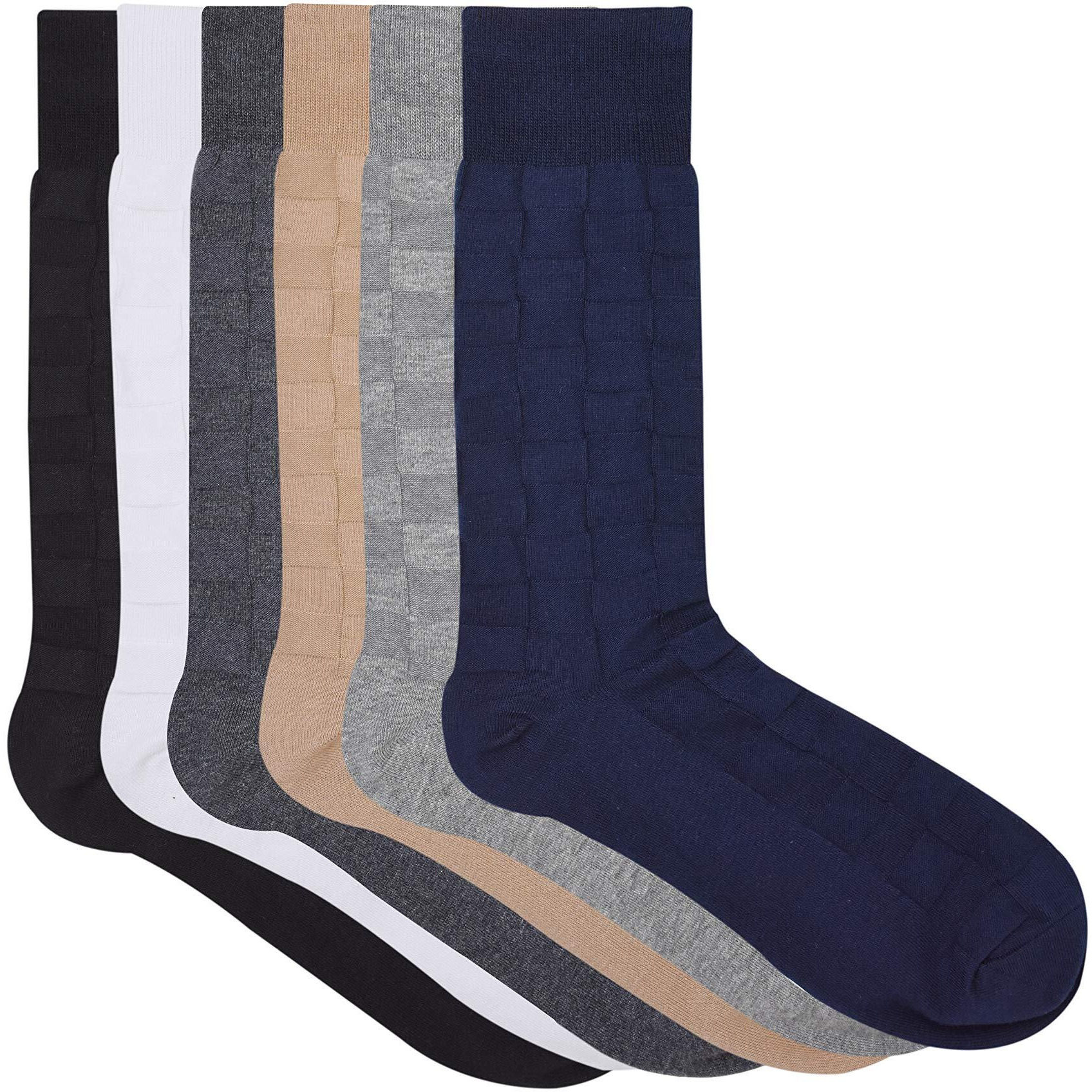 BALENZIA Men's Patterned Self Design Crew/Calf Length Formal Socks (Free Size) Made with Cotton and Spandex - Combo Pack of 6 (Multicolor)