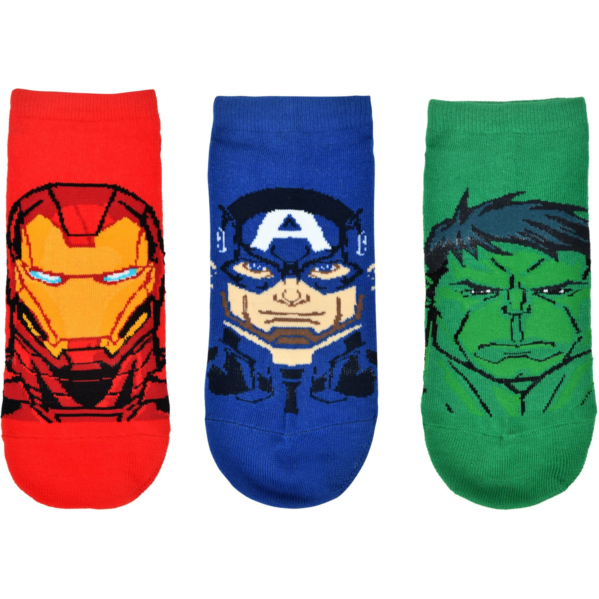 BALENZIA X Marvel Character Iron Man,Captain America & Hulk Themed Lowcut/Ankle Length Socks for Men-(Pack of 3 Pairs)(Free Size) Blue,Red,Green