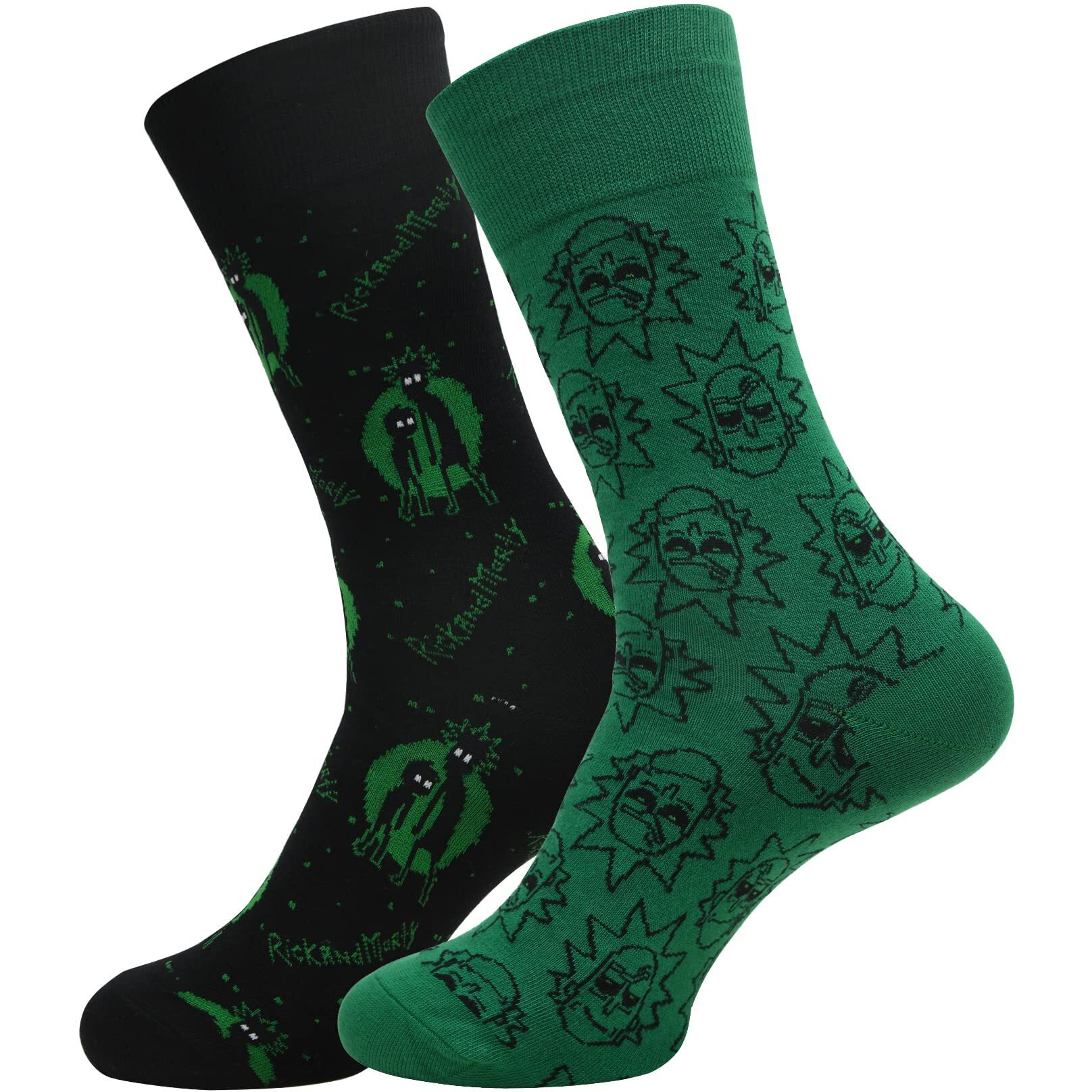 BALENZIA X Rick and Morty Quirky Cotton Crew/Mid- Calf Length socks for Men- Made with fine Cotton, Nylon and Elastane- Pack of 2 (Green, Black) (Free Size)