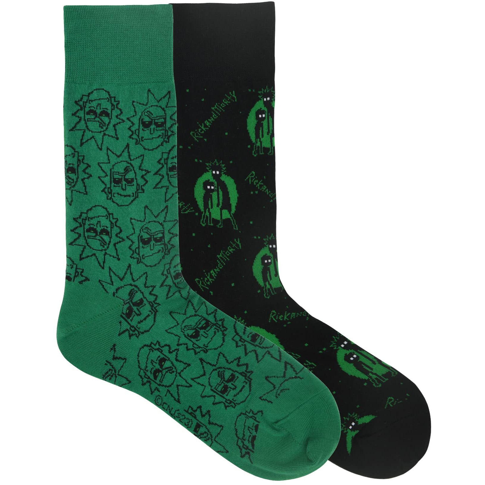 BALENZIA X Rick and Morty Quirky Cotton Crew/Mid- Calf Length socks for Men- Made with fine Cotton, Nylon and Elastane- Pack of 2 (Green, Black) (Free Size)