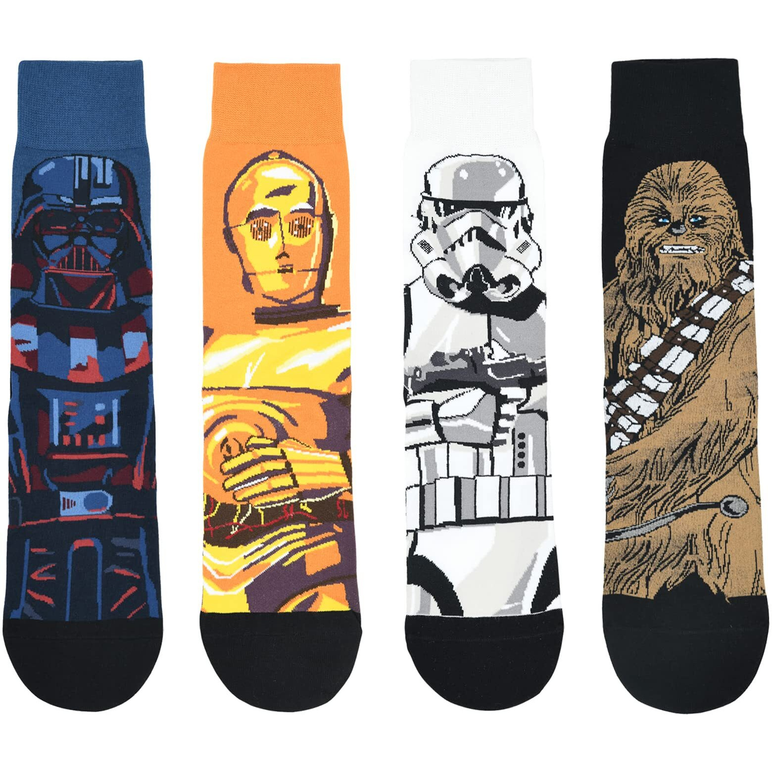 BALENZIA X STAR WARS Character Men's Crew/Calf Socks with Giftbox  Pack of 4(Multicolored)| Chewbacca, C-3PO, Darth Vader and Clone Trooper (Free Size)
