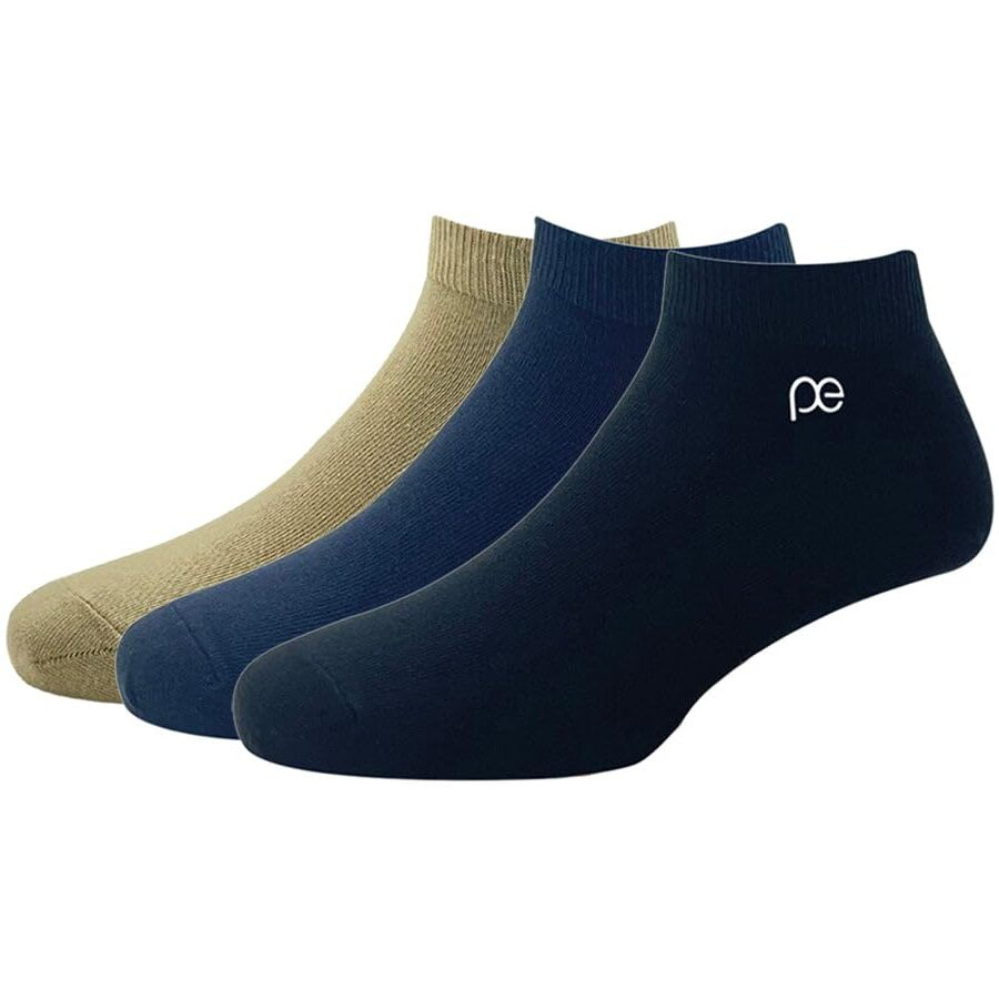 Peter England Mens Cotton Ankle Length Socks (Pack of 3) Beige, Navy, Black