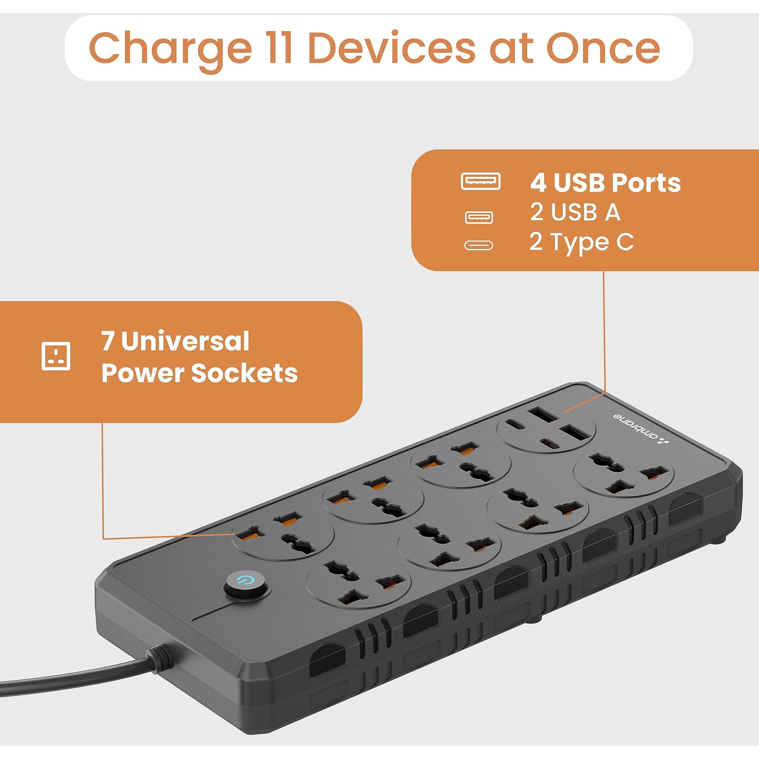 Ambrane Extension Board, 11 Ports with(2 Type C PD Ports + 7 Power Ports + 2 USB Ports) Smart Electric Surge Protector Multi Plug with 2500W, 3Mtr Cord Length, 2.1A USB Output (Smartstrip +, Black)