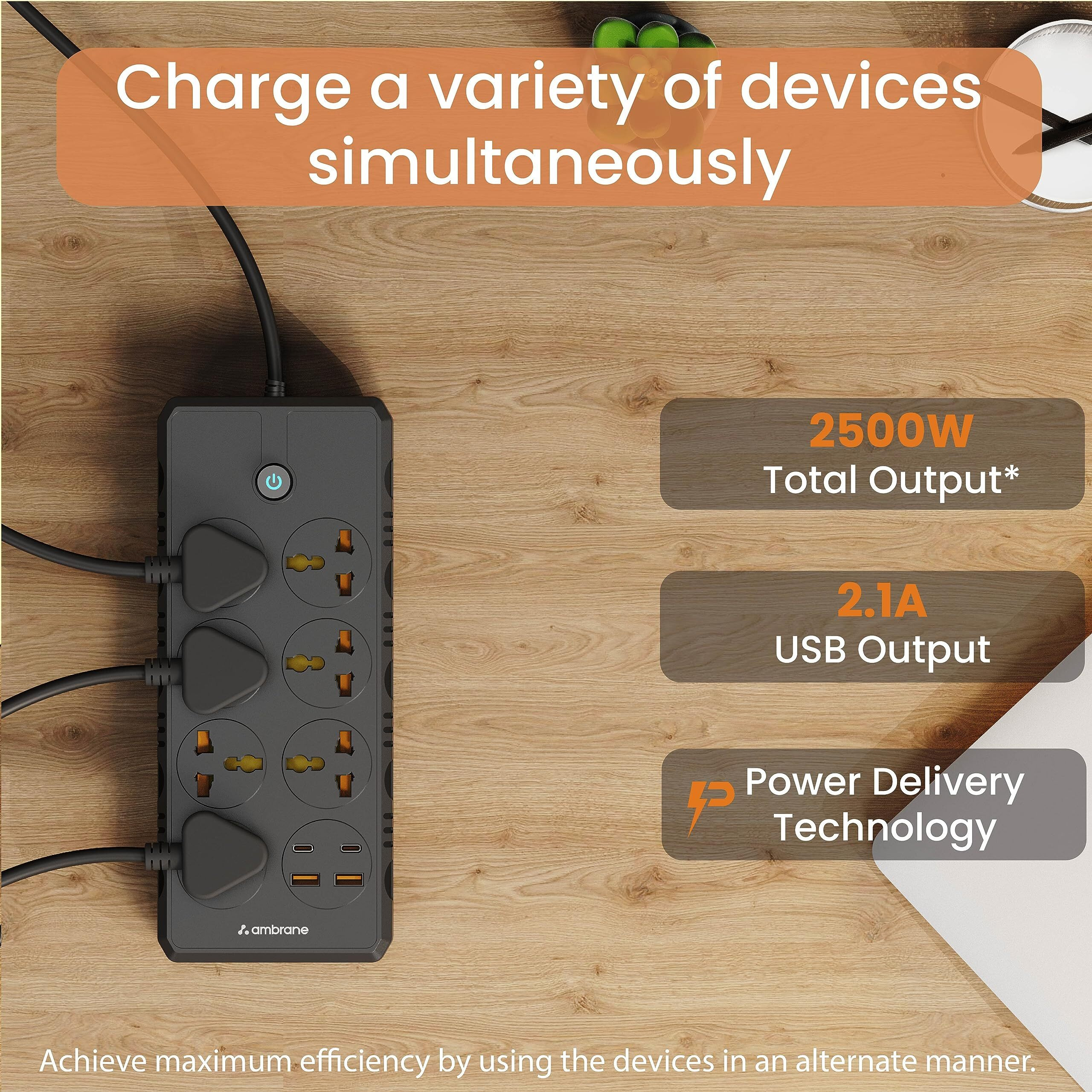 Ambrane Extension Board, 11 Ports with(2 Type C PD Ports + 7 Power Ports + 2 USB Ports) Smart Electric Surge Protector Multi Plug with 2500W, 3Mtr Cord Length, 2.1A USB Output (Smartstrip +, Black)