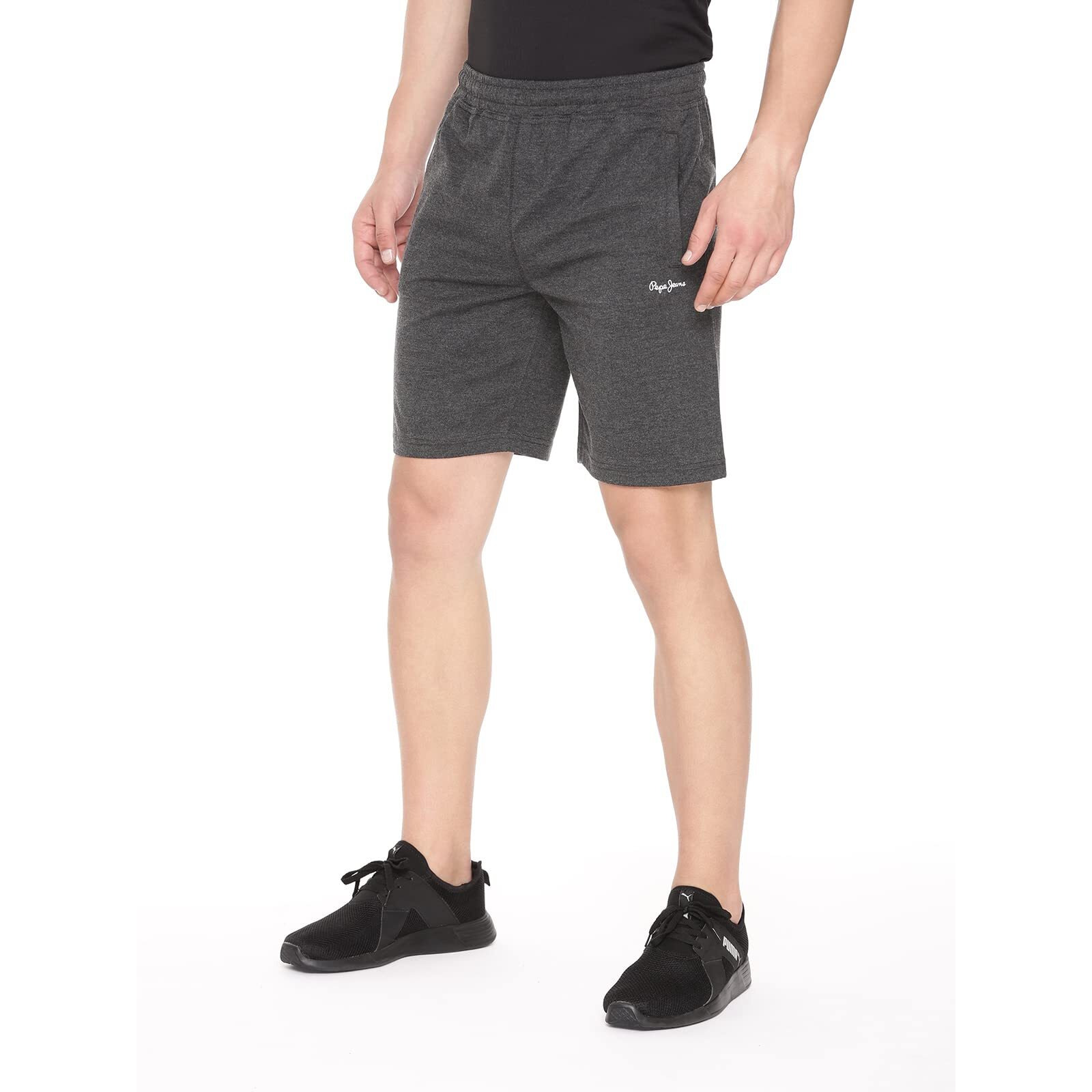 Pepe Jeans Athleisure Men Knit Cotton Stretch Shorts | Breathable Cotton Jersey, Gym and Casual Wear | with Drawstring and Zip Pocket in Black Melange - L
